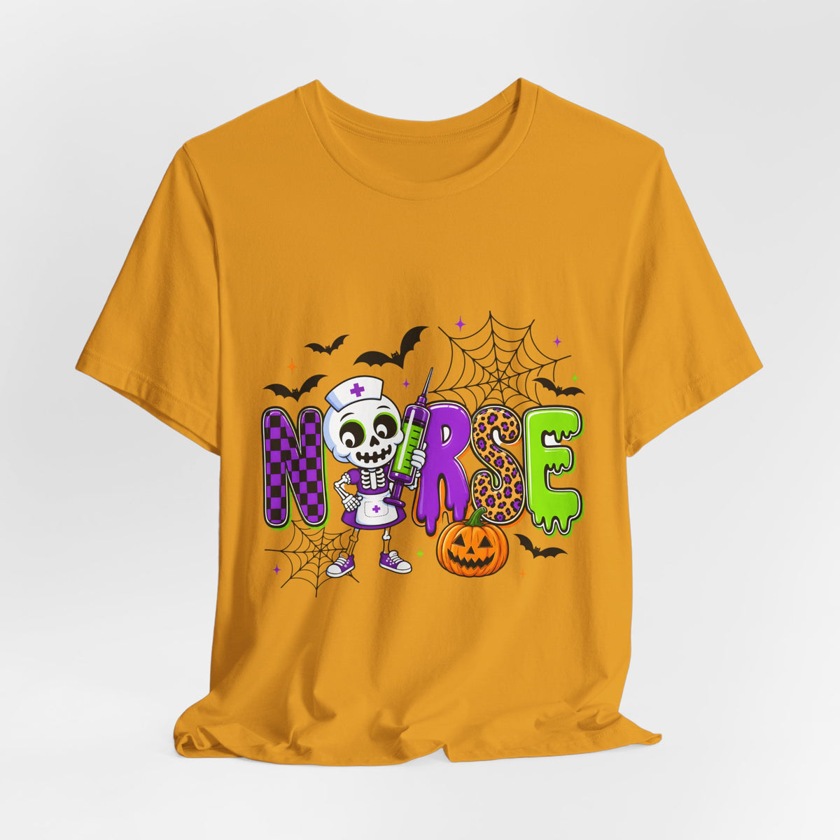 Halloween Nurse T-Shirt — Cute Skeleton, Pumpkin & Spiderweb Nurse Tee