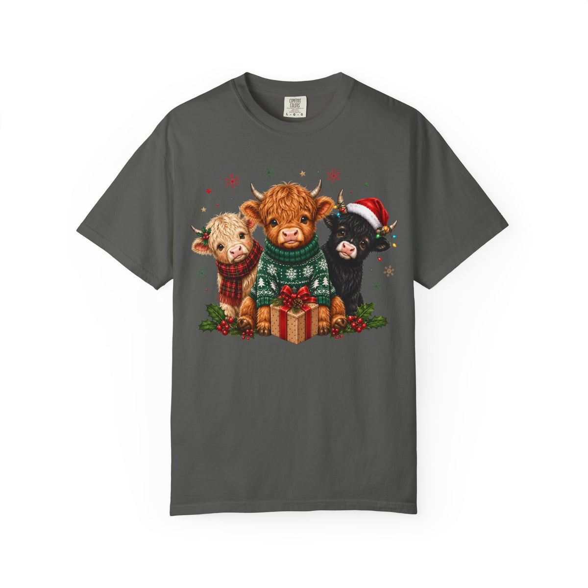 Christmas Highland Cattle Trio T-Shirt — Cute Cow Holiday Tee