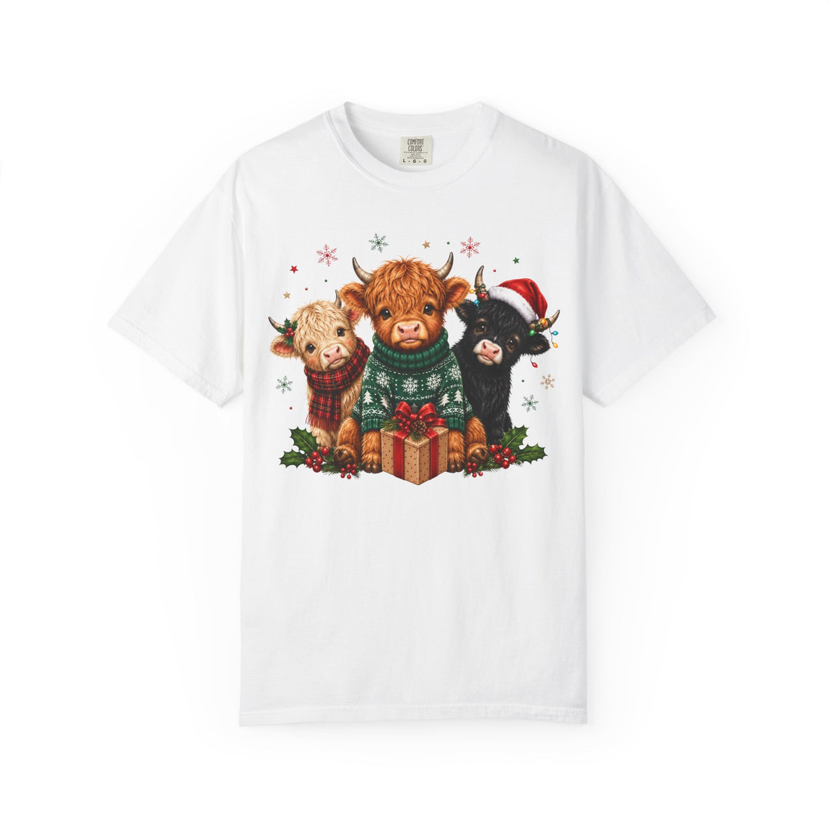 Christmas Highland Cattle Trio T-Shirt — Cute Cow Holiday Tee