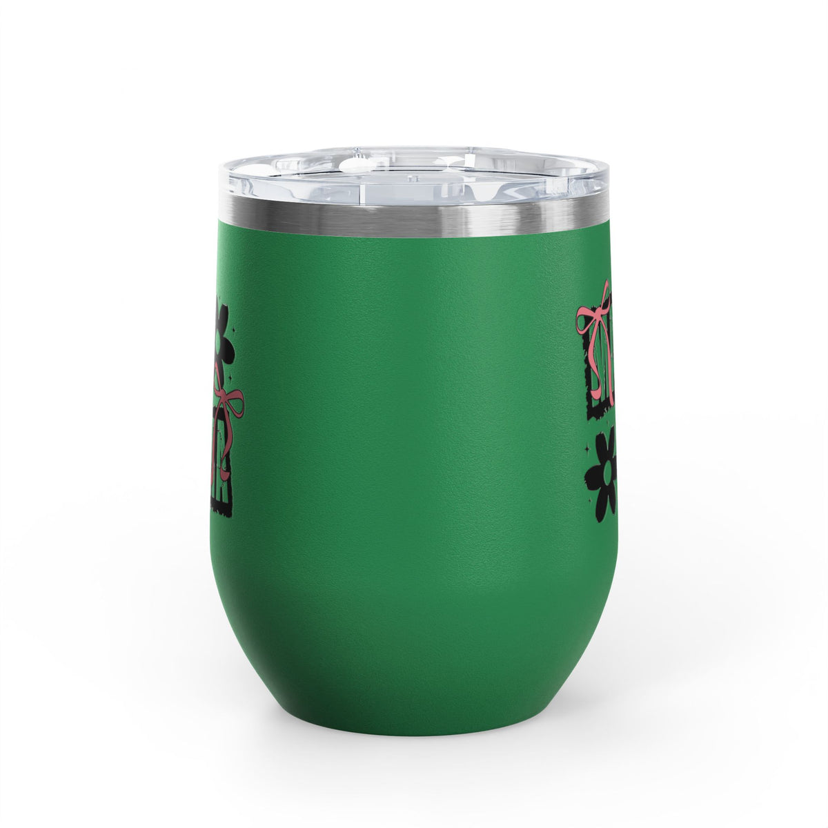 Wine Tumbler — Mom Floral Blocks with Pink Bows, 12 oz Insulated