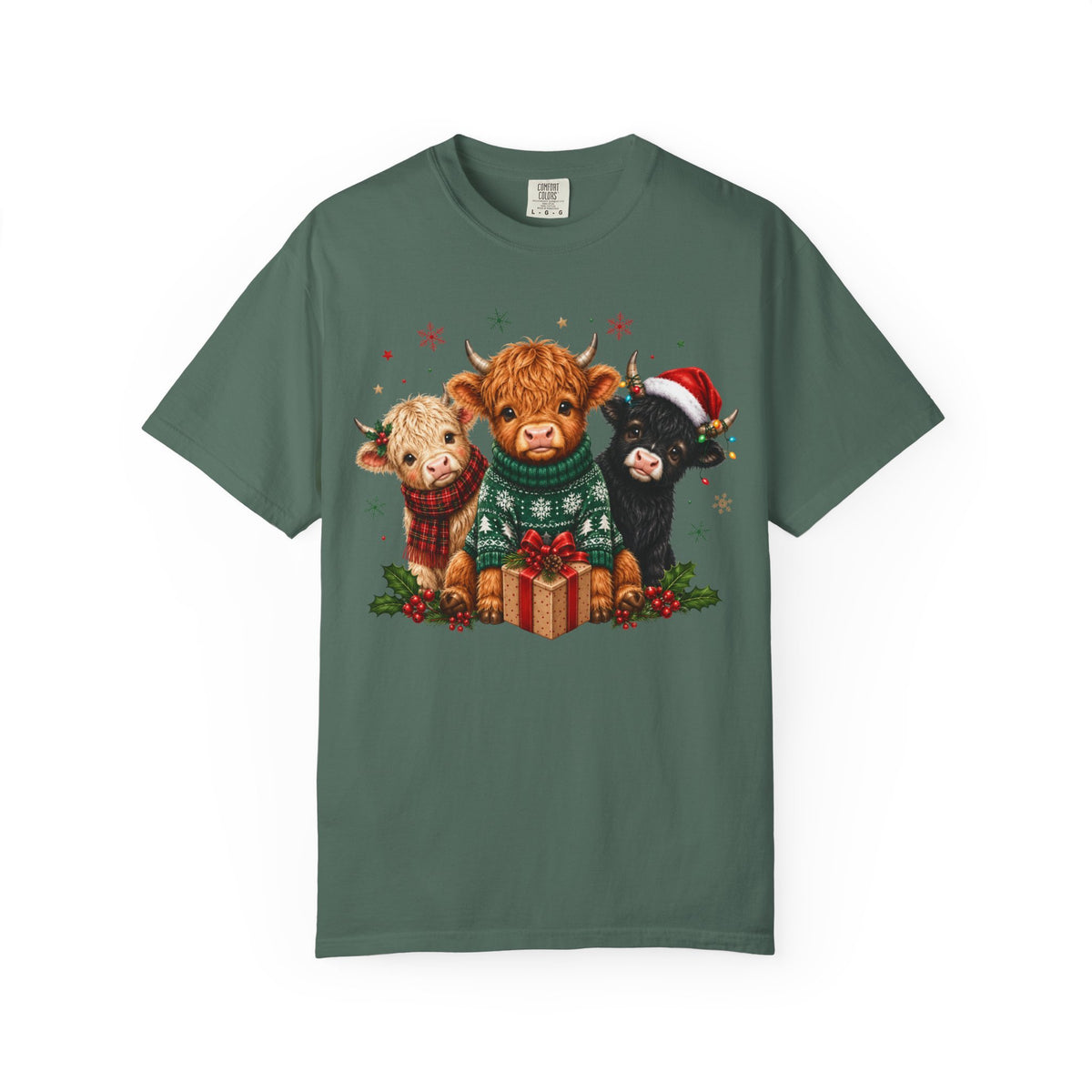 Christmas Highland Cattle Trio T-Shirt — Cute Cow Holiday Tee