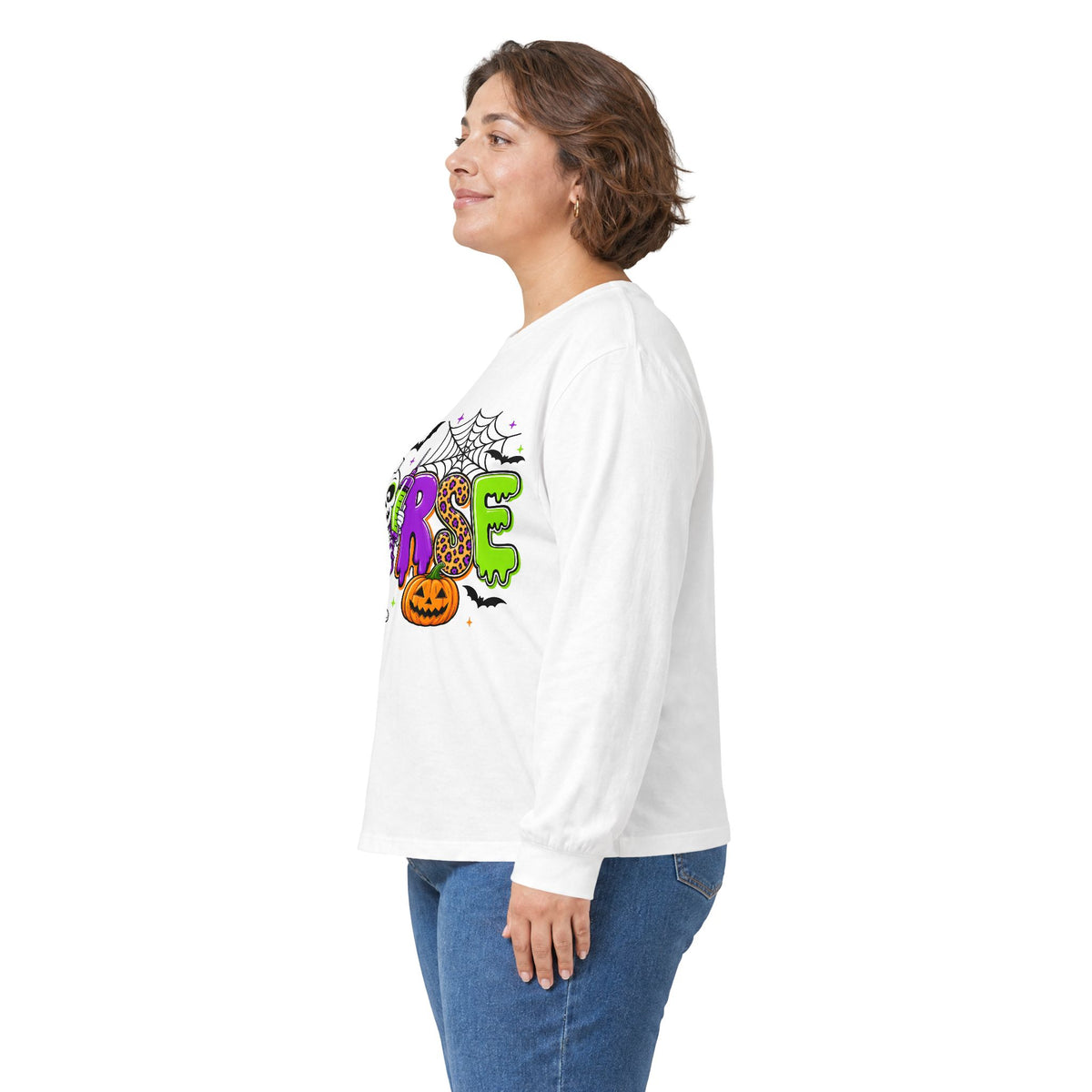 Nurse Halloween Long Sleeve Tee — Cute Spooky Skeleton, Pumpkin & Spiderweb Graphic
