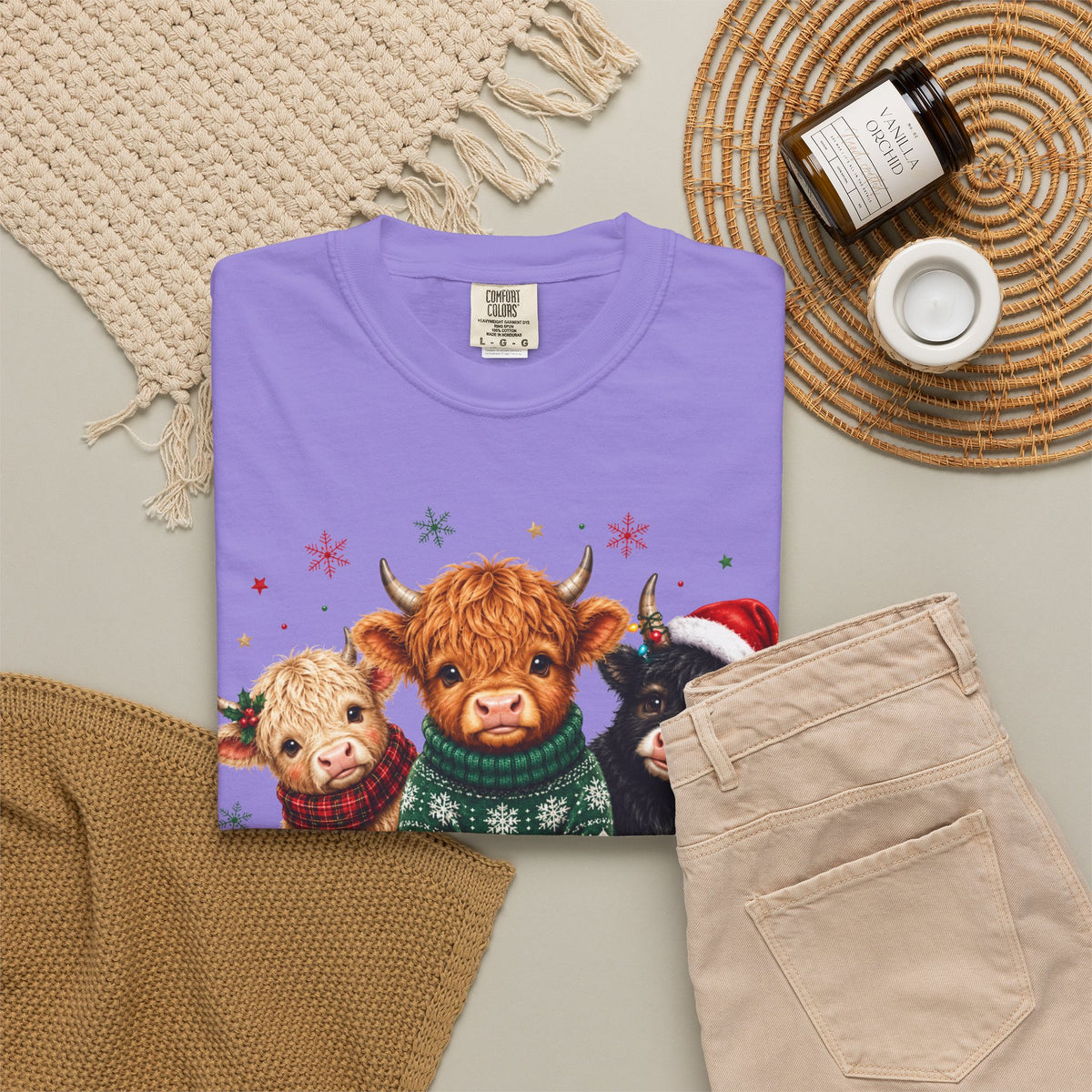 Christmas Highland Cattle Trio T-Shirt — Cute Cow Holiday Tee