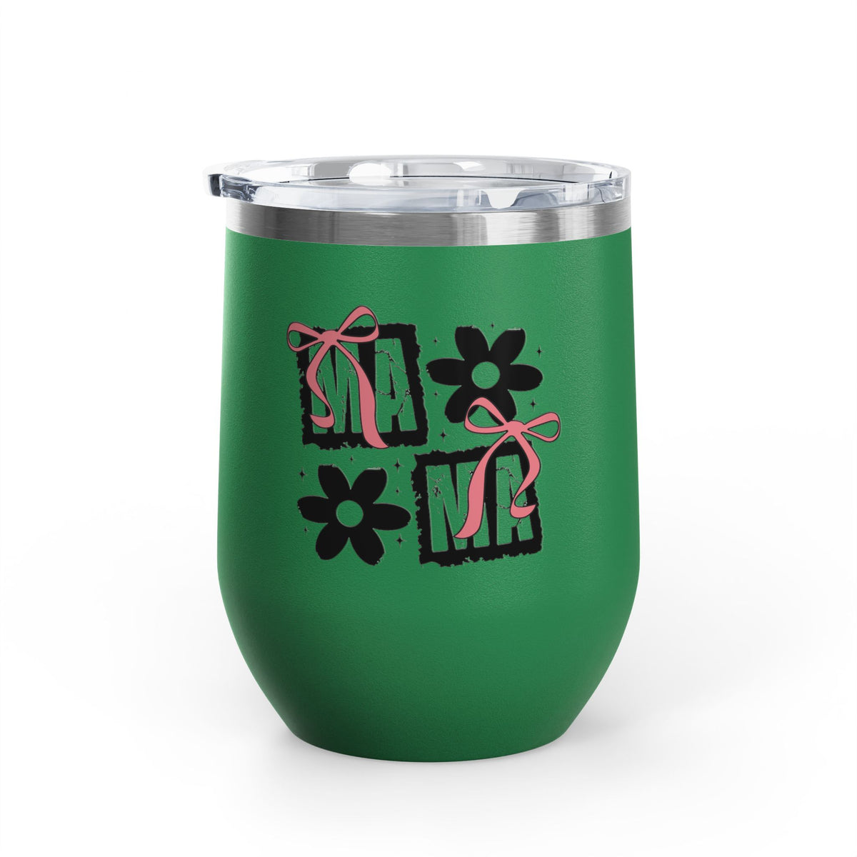 Wine Tumbler — Mom Floral Blocks with Pink Bows, 12 oz Insulated