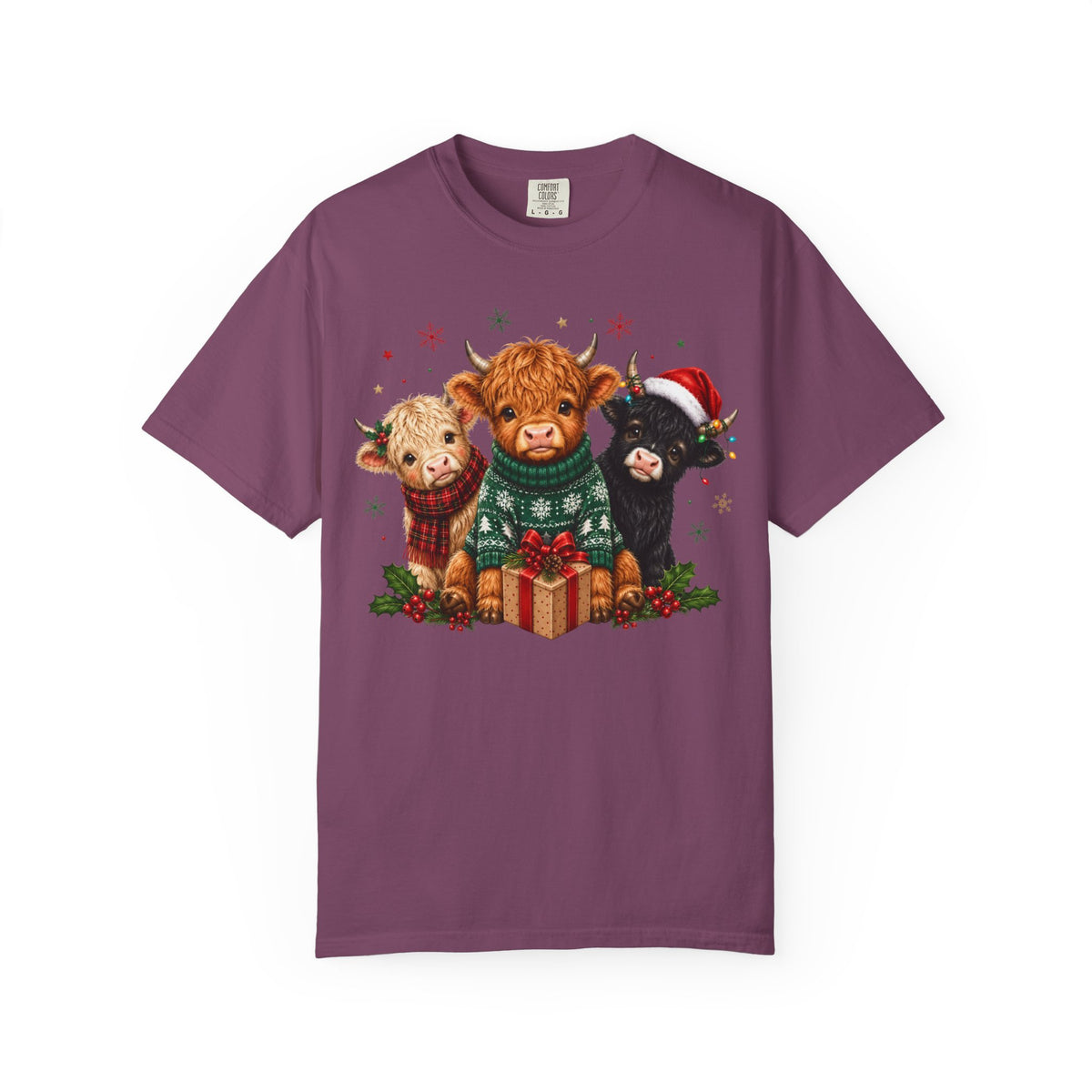 Christmas Highland Cattle Trio T-Shirt — Cute Cow Holiday Tee
