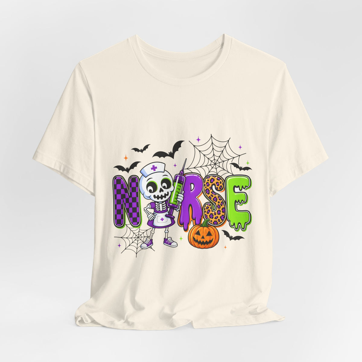 Halloween Nurse T-Shirt — Cute Skeleton, Pumpkin & Spiderweb Nurse Tee