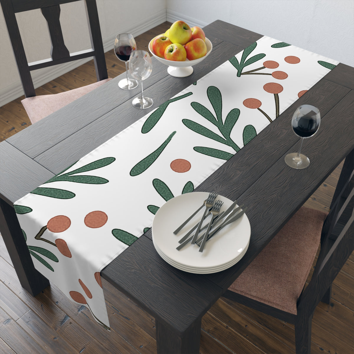 Botanical Berry Table Runner — Minimal Green Leaf & Terracotta Berries Cotton-Blend