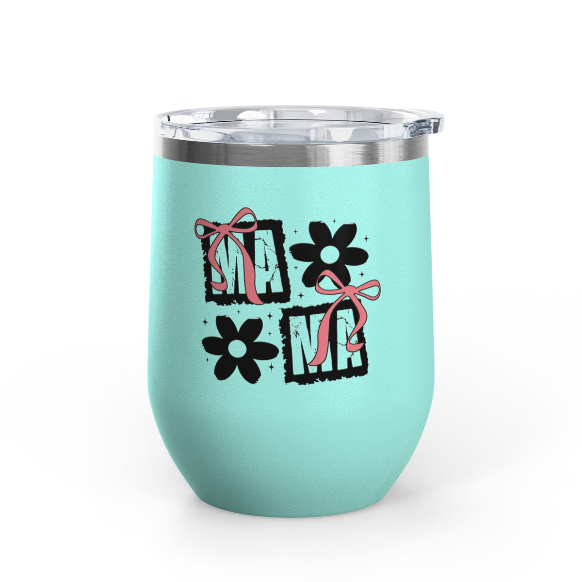 Wine Tumbler — Mom Floral Blocks with Pink Bows, 12 oz Insulated
