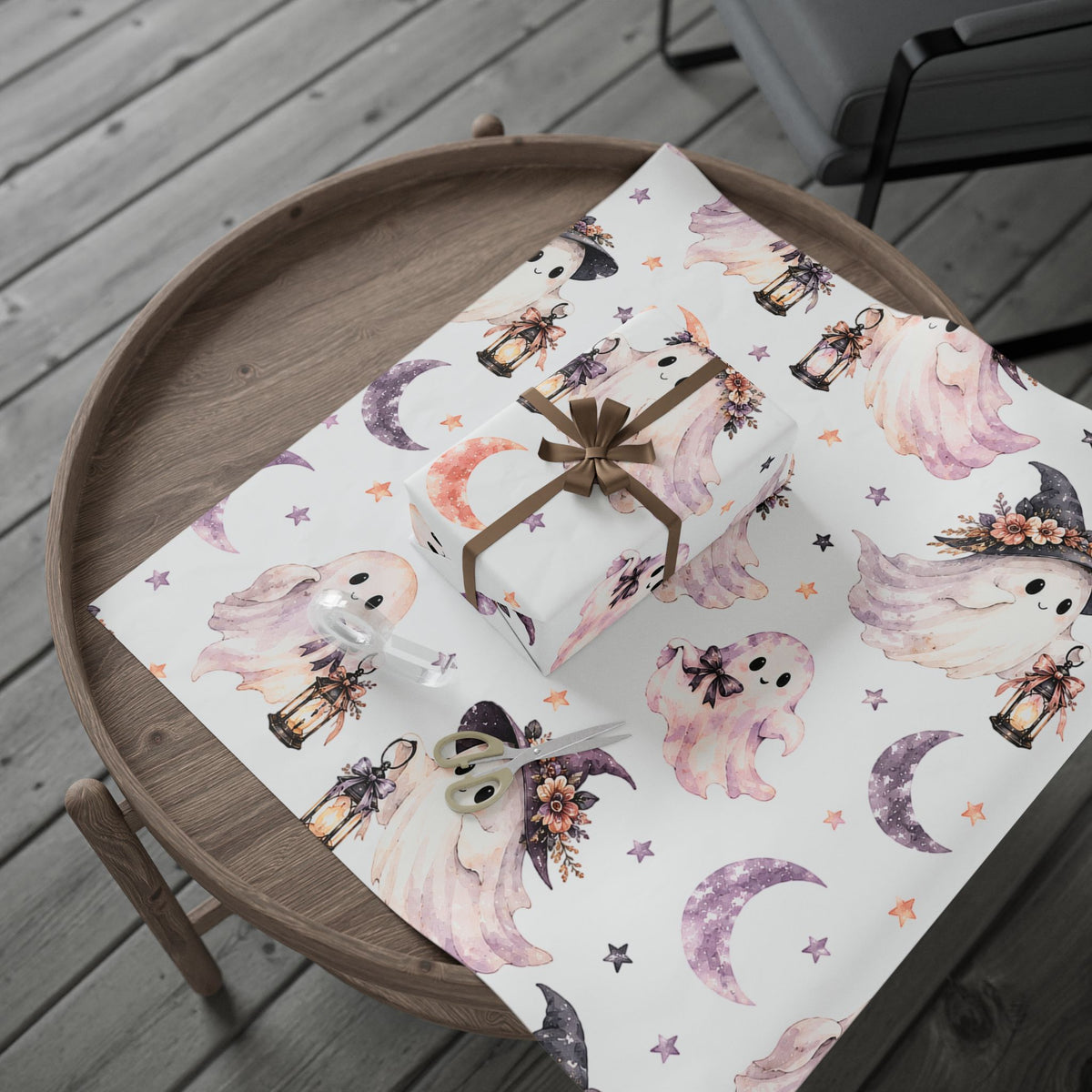 Ghostly Moon Wrapping Paper — Cute Halloween Gift Wrap with Pastel Ghosts & Lanterns