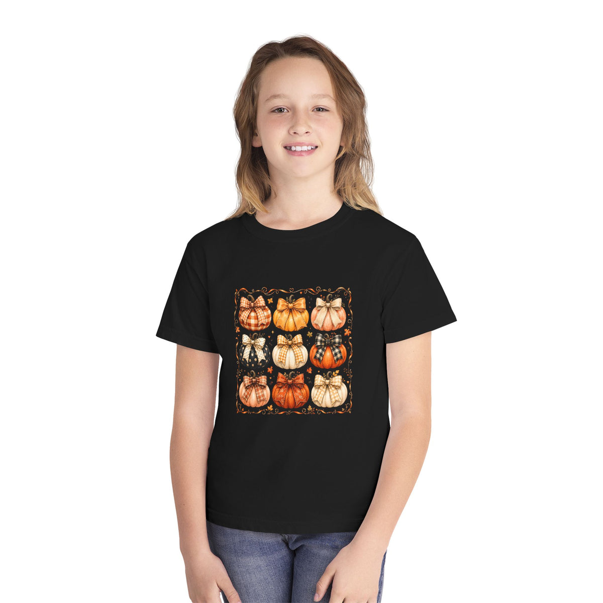 Youth Tee — Vintage Patchwork Pumpkins Fall Graphic