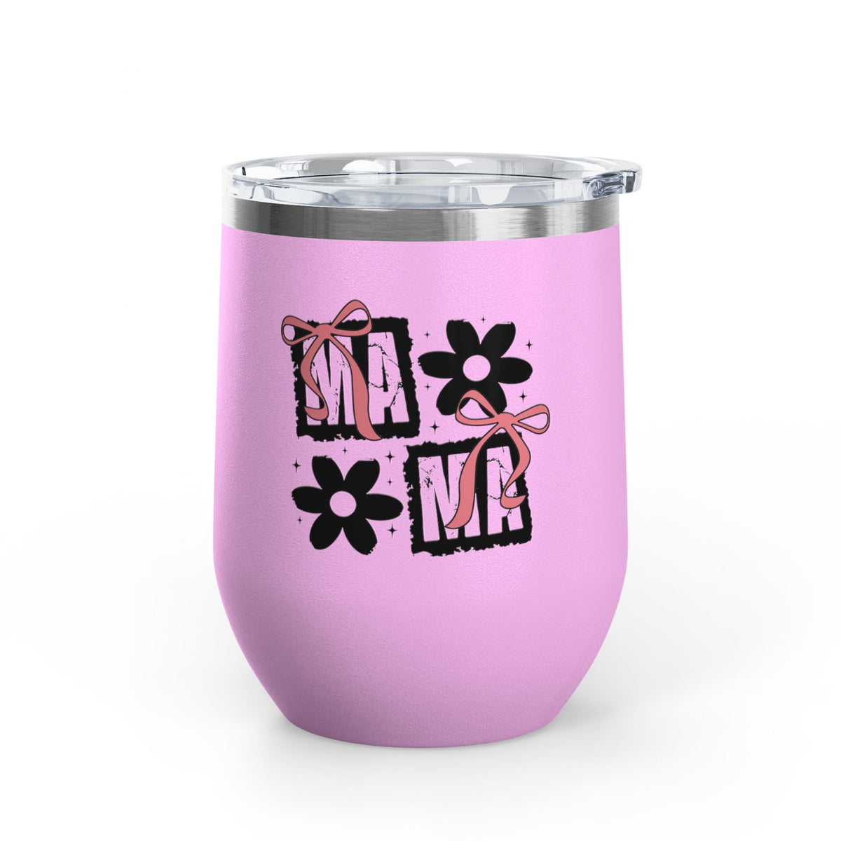 Wine Tumbler — Mom Floral Blocks with Pink Bows, 12 oz Insulated