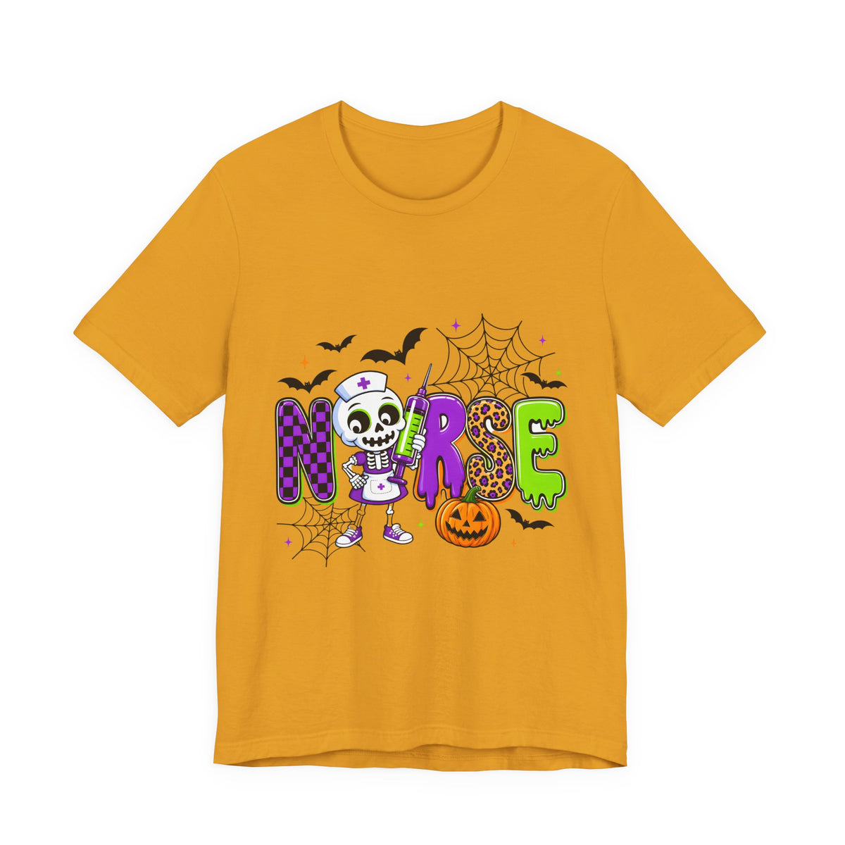 Halloween Nurse T-Shirt — Cute Skeleton, Pumpkin & Spiderweb Nurse Tee