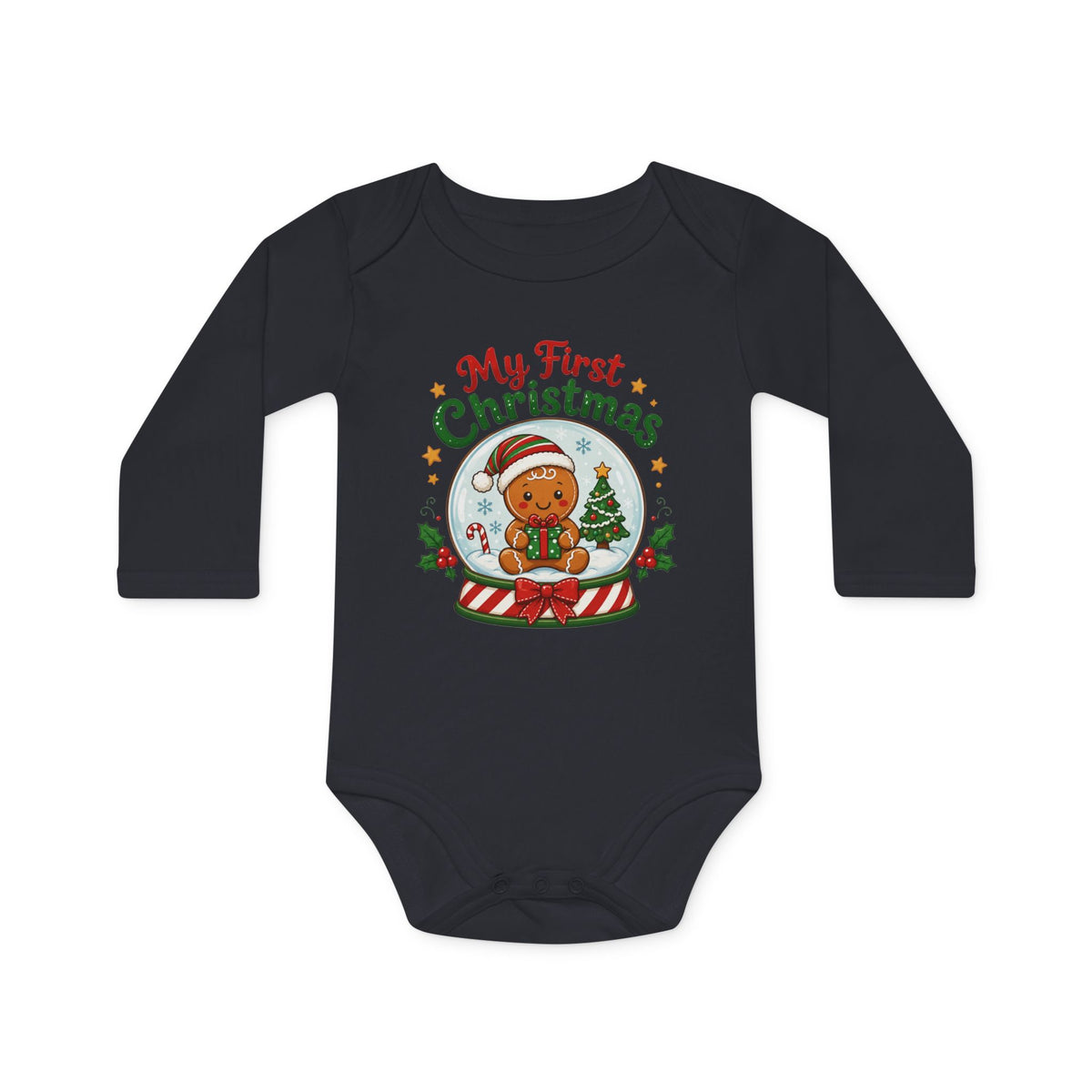 My First Christmas Baby Bodysuit — Gingerbread Snow Globe Long-Sleeve Organic Onesie