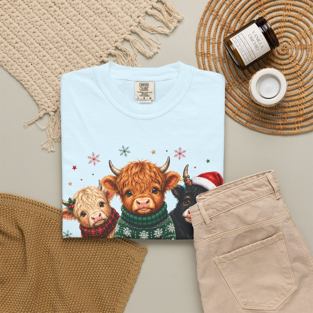 Christmas Highland Cattle Trio T-Shirt — Cute Cow Holiday Tee