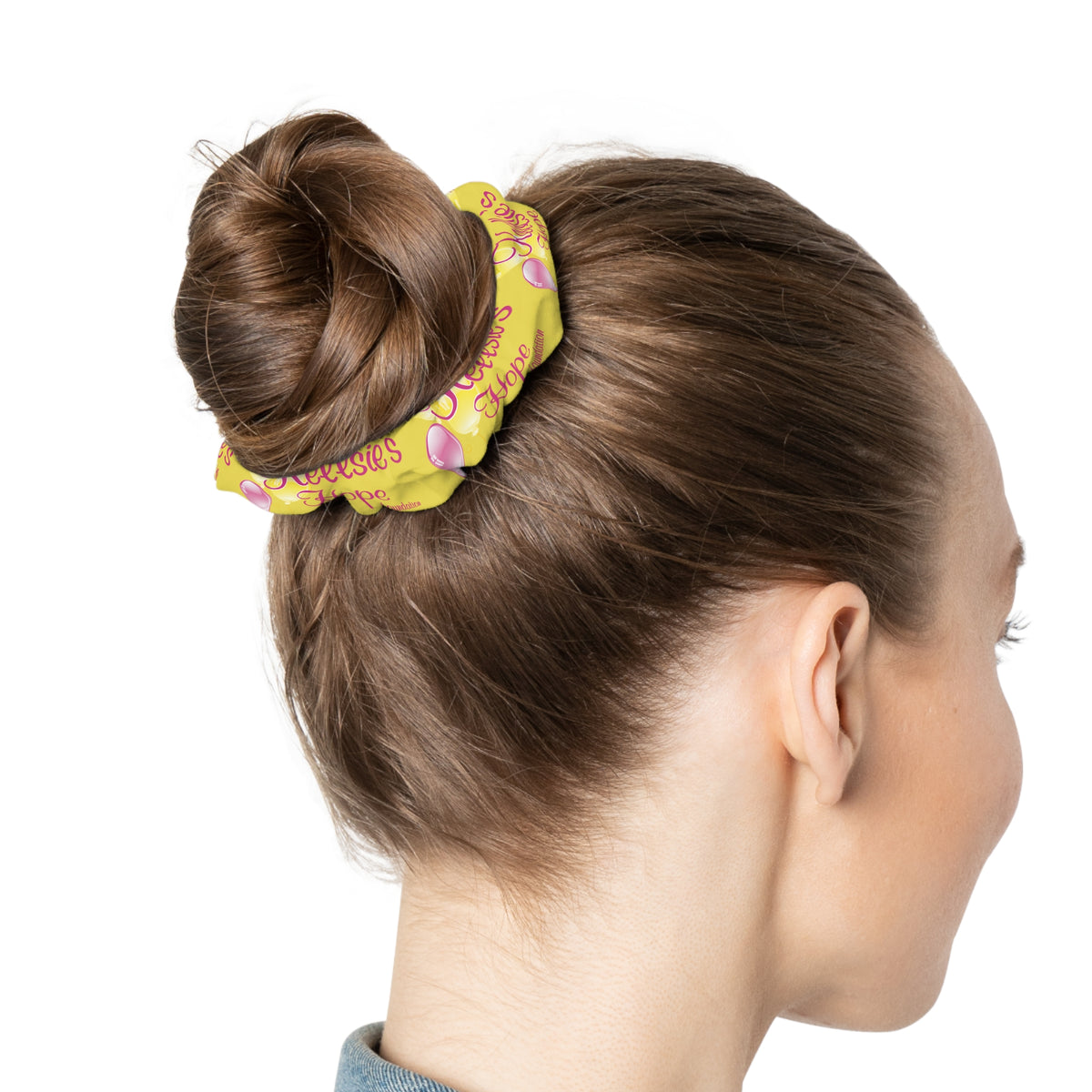 Kellsie's Hope  Scrunchie — Pink Roses & Handwritten Text Hair Tie