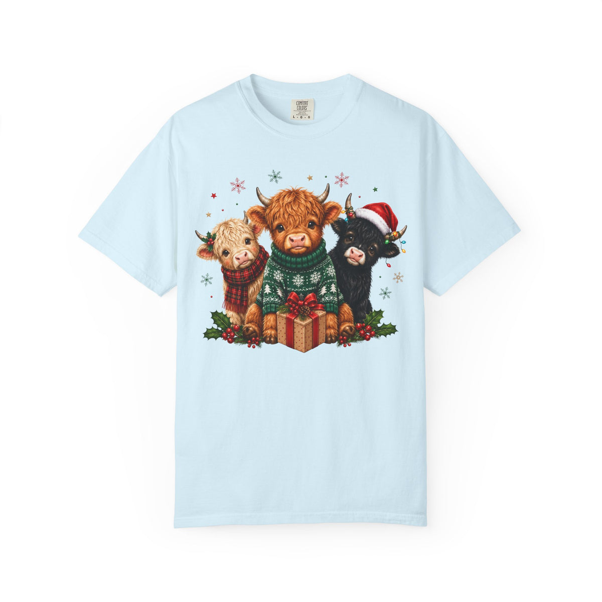 Christmas Highland Cattle Trio T-Shirt — Cute Cow Holiday Tee