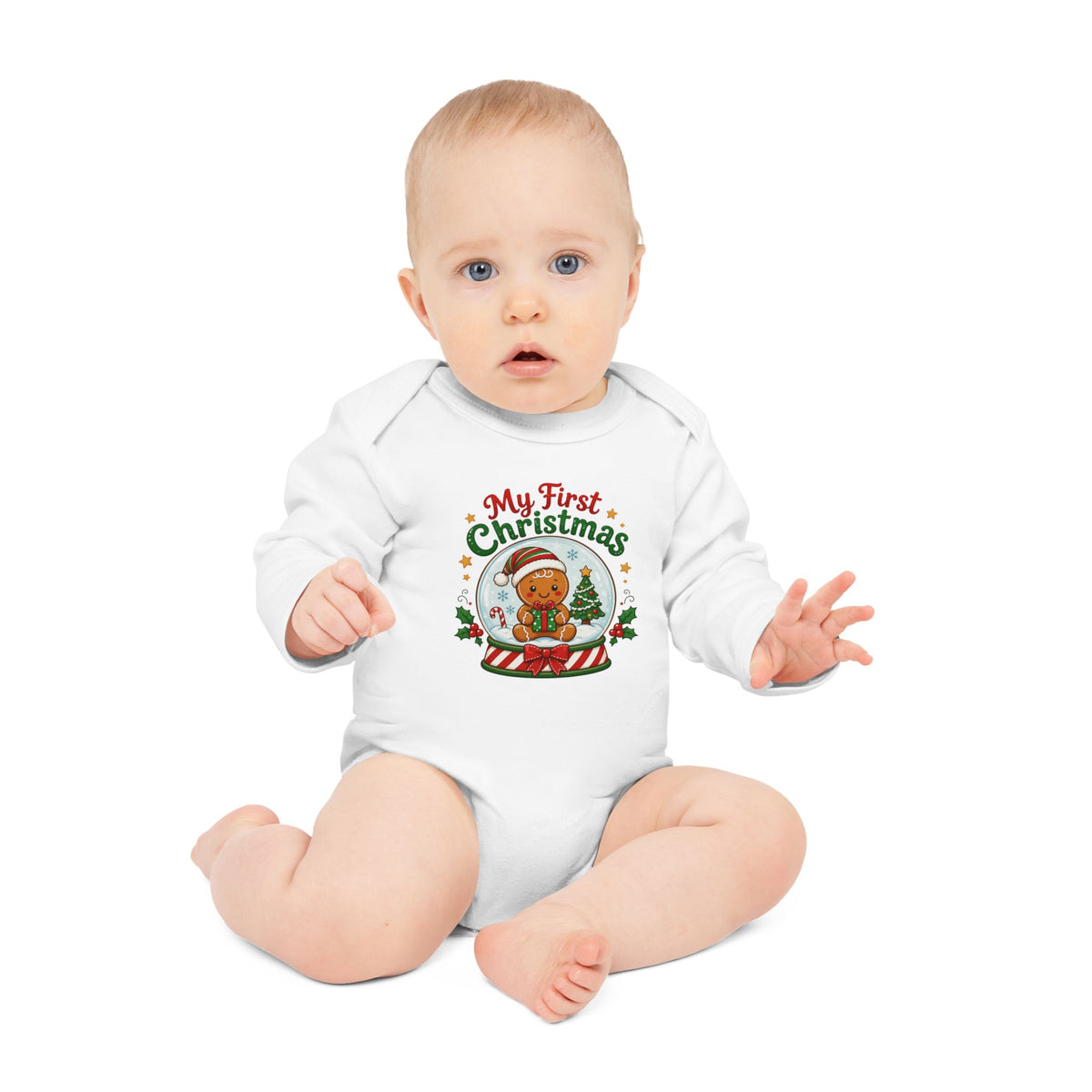 My First Christmas Baby Bodysuit — Gingerbread Snow Globe Long-Sleeve Organic Onesie