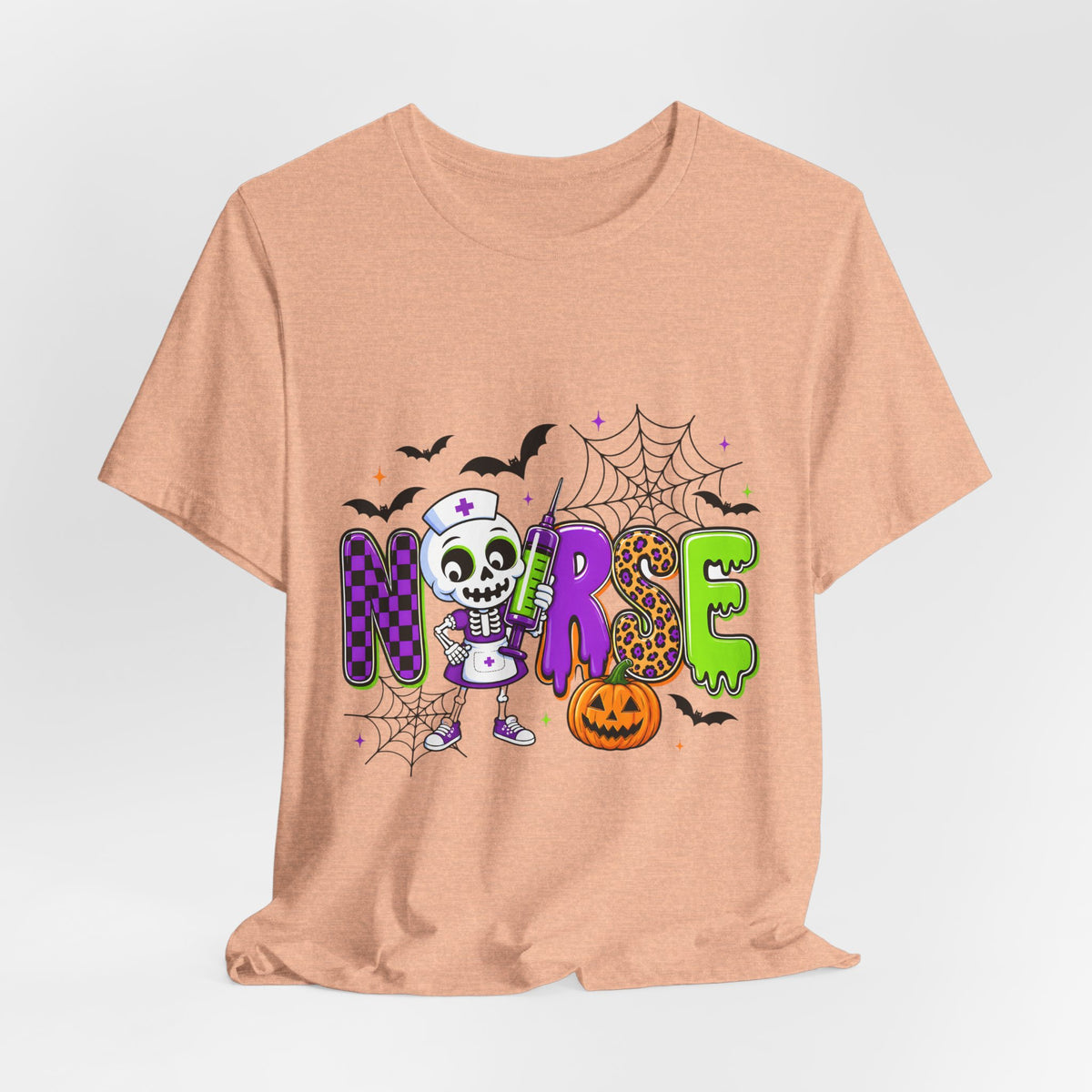 Halloween Nurse T-Shirt — Cute Skeleton, Pumpkin & Spiderweb Nurse Tee