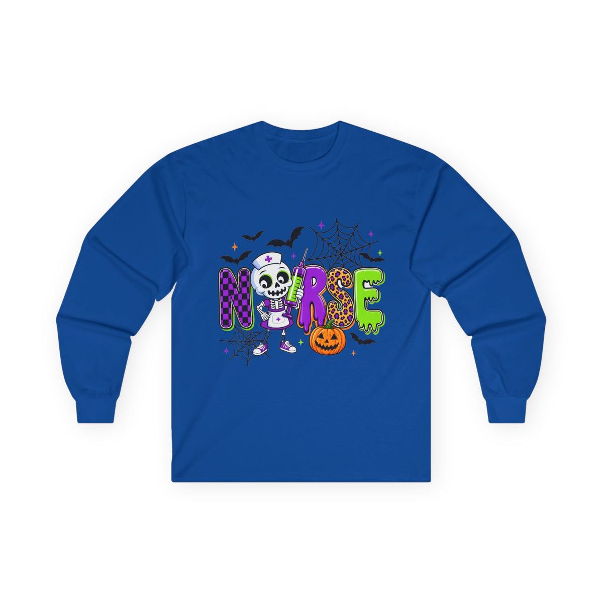 Nurse Halloween Long Sleeve Tee — Cute Spooky Skeleton, Pumpkin & Spiderweb Graphic