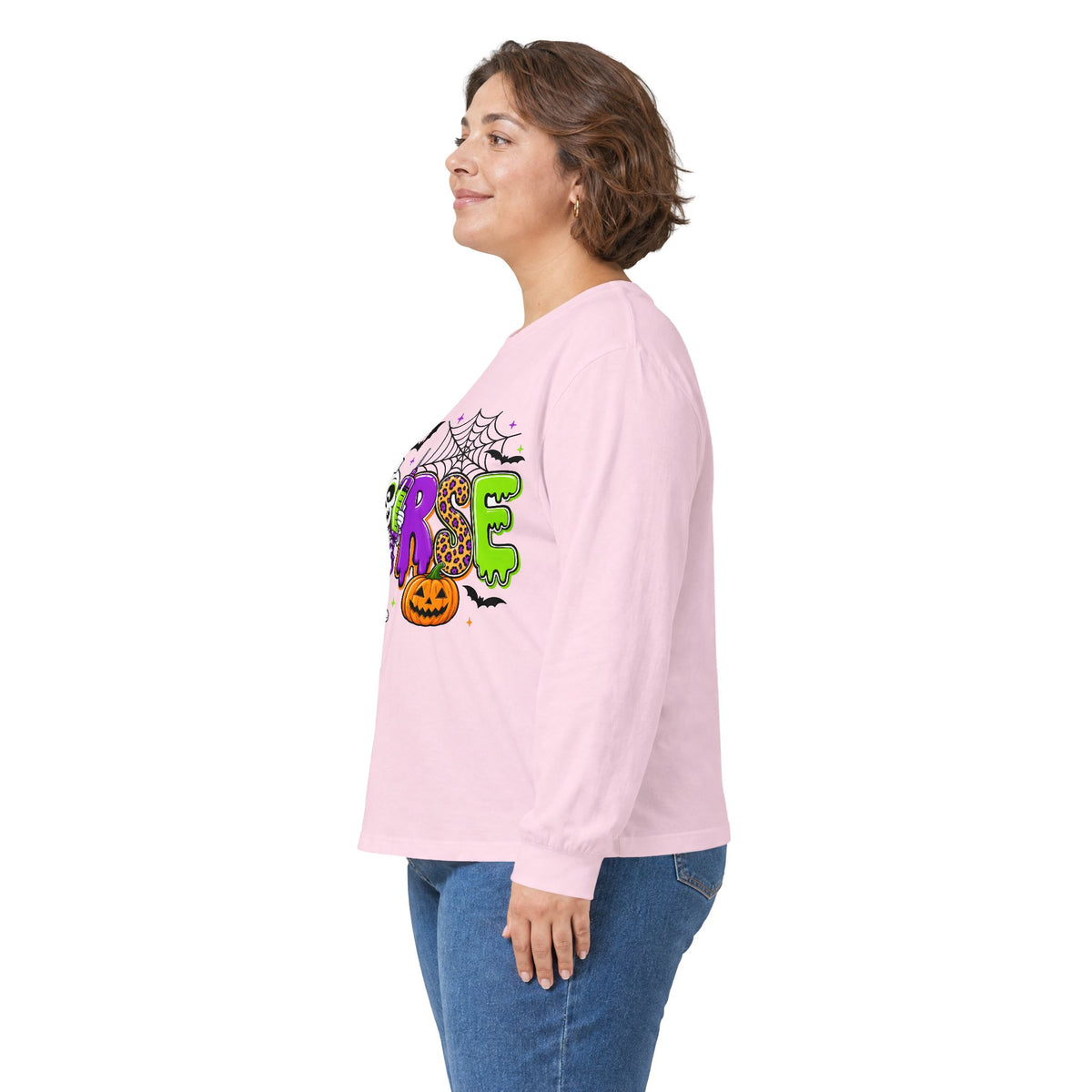 Nurse Halloween Long Sleeve Tee — Cute Spooky Skeleton, Pumpkin & Spiderweb Graphic