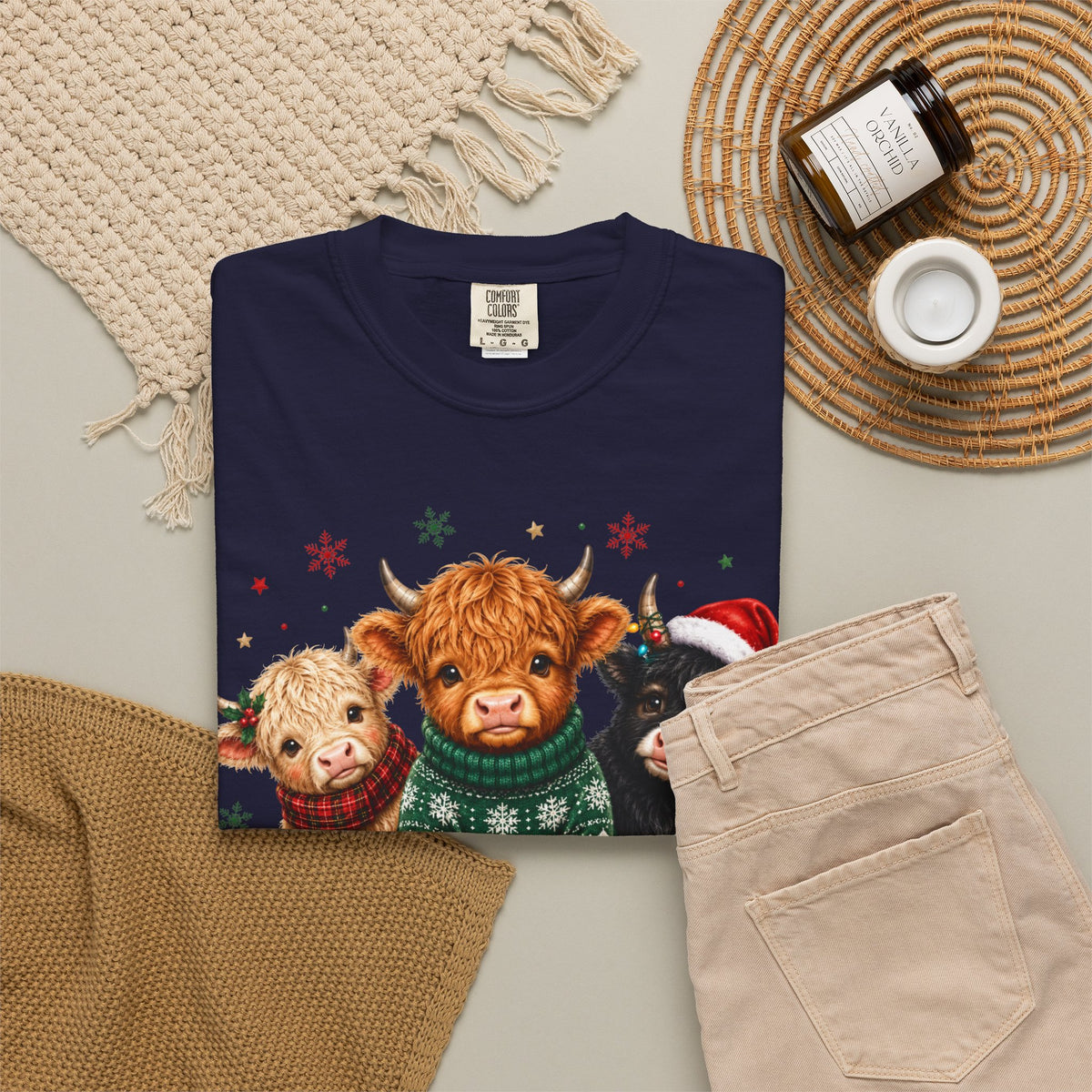 Christmas Highland Cattle Trio T-Shirt — Cute Cow Holiday Tee