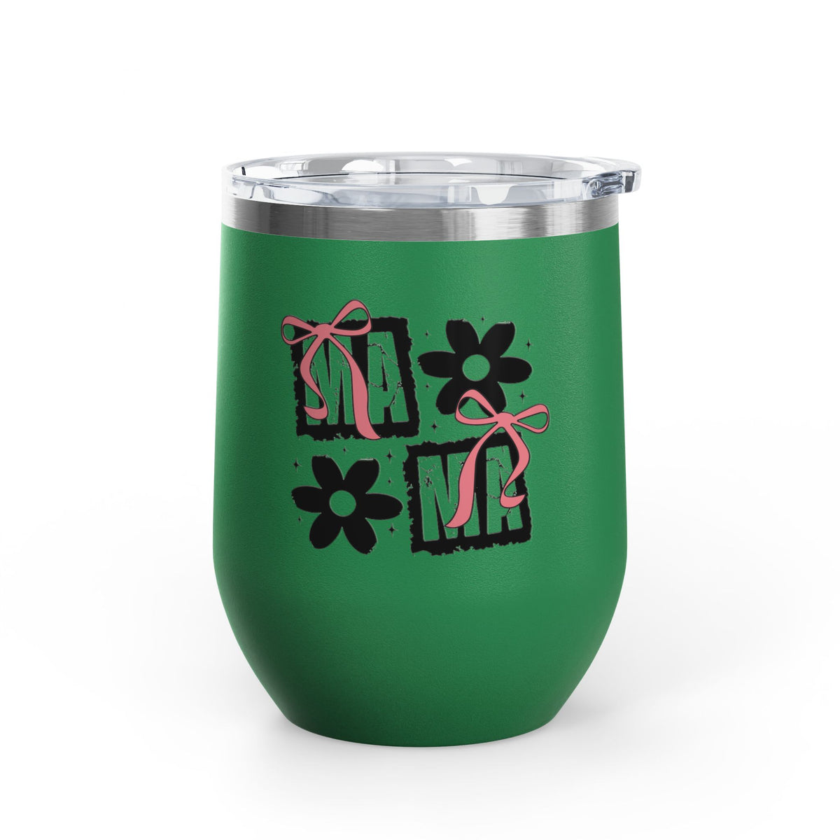 Wine Tumbler — Mom Floral Blocks with Pink Bows, 12 oz Insulated
