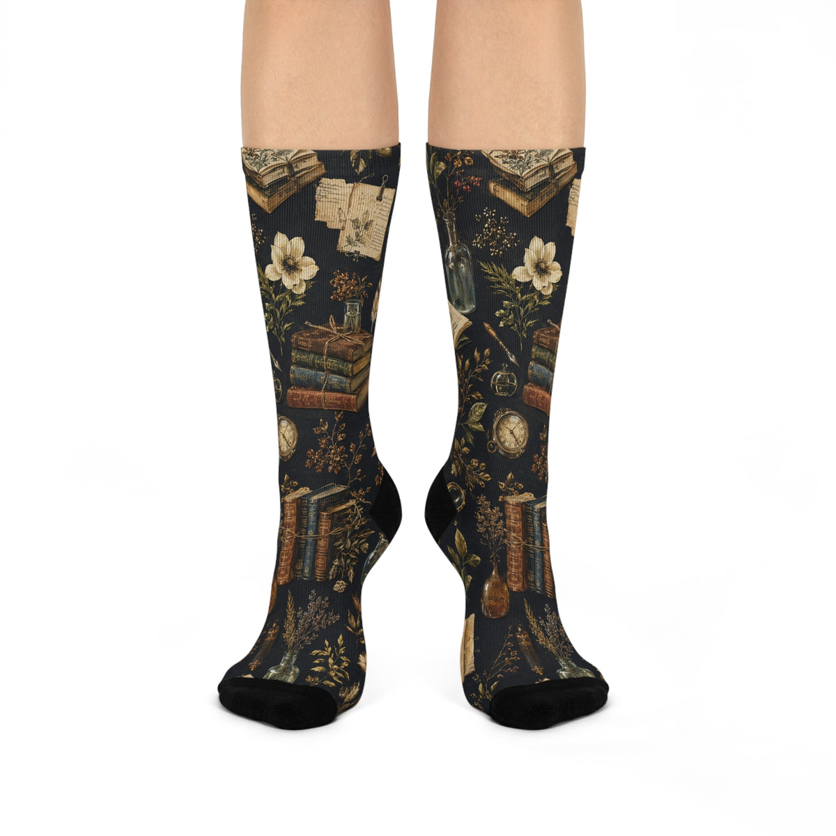 Bookish Vintage Crew Socks — Cozy Literary Floral & Stacked Books Design