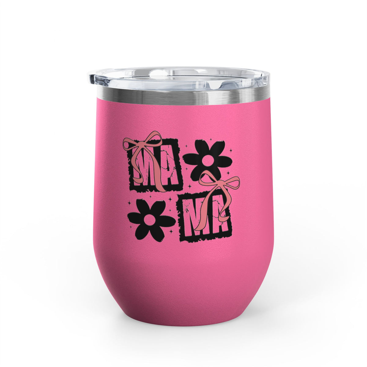 Wine Tumbler — Mom Floral Blocks with Pink Bows, 12 oz Insulated