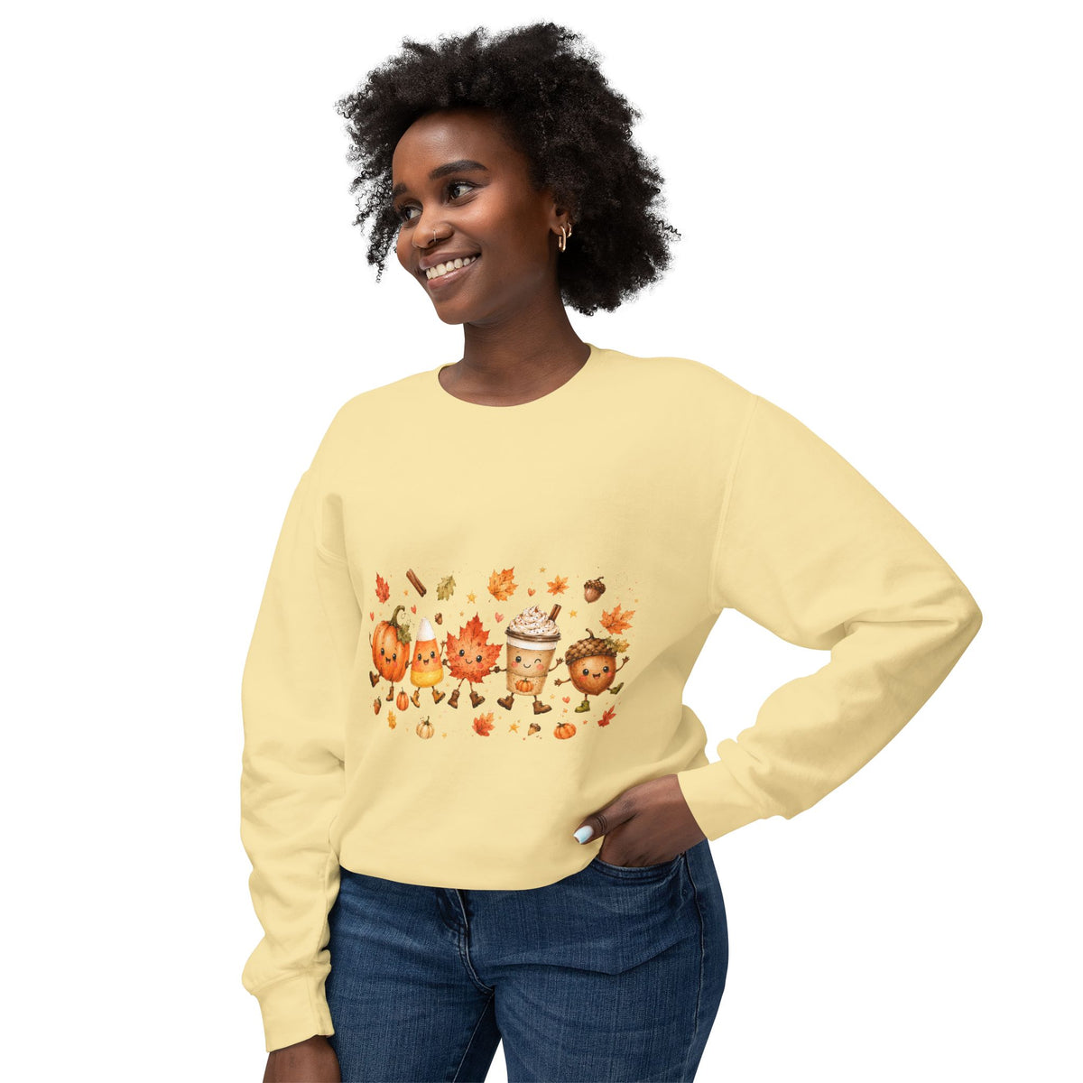 Autumn Friends Crewneck Sweatshirt — Cute Pumpkin, Leaf & Latte Fall Design