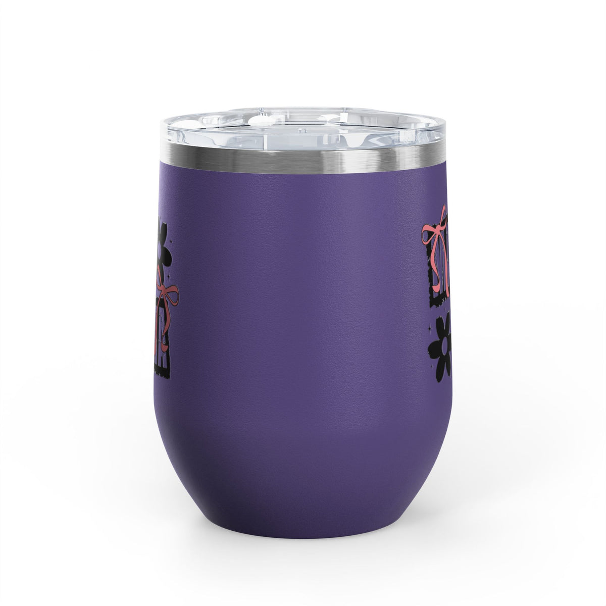 Wine Tumbler — Mom Floral Blocks with Pink Bows, 12 oz Insulated