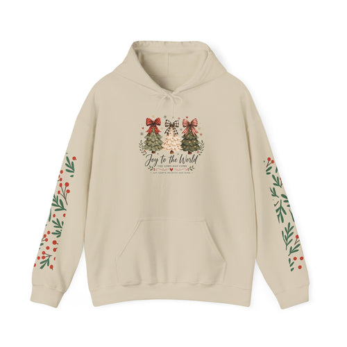 Christmas Tree Hoodie – "Joy to the World" Holiday Pullover with Festive Sleeve Berries