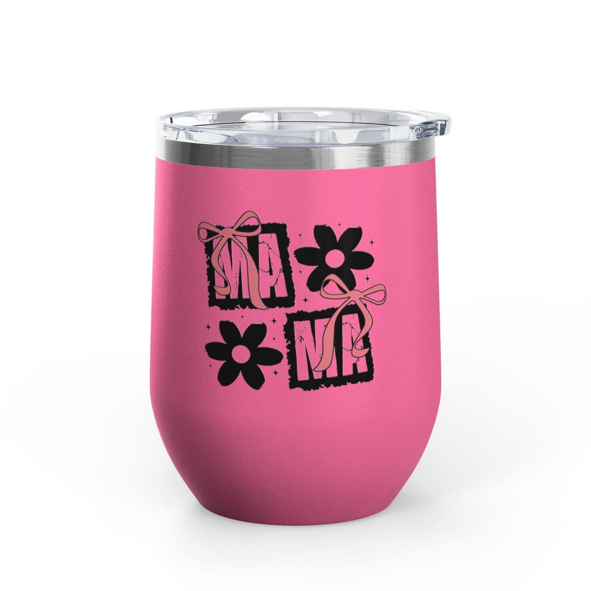 Wine Tumbler — Mom Floral Blocks with Pink Bows, 12 oz Insulated