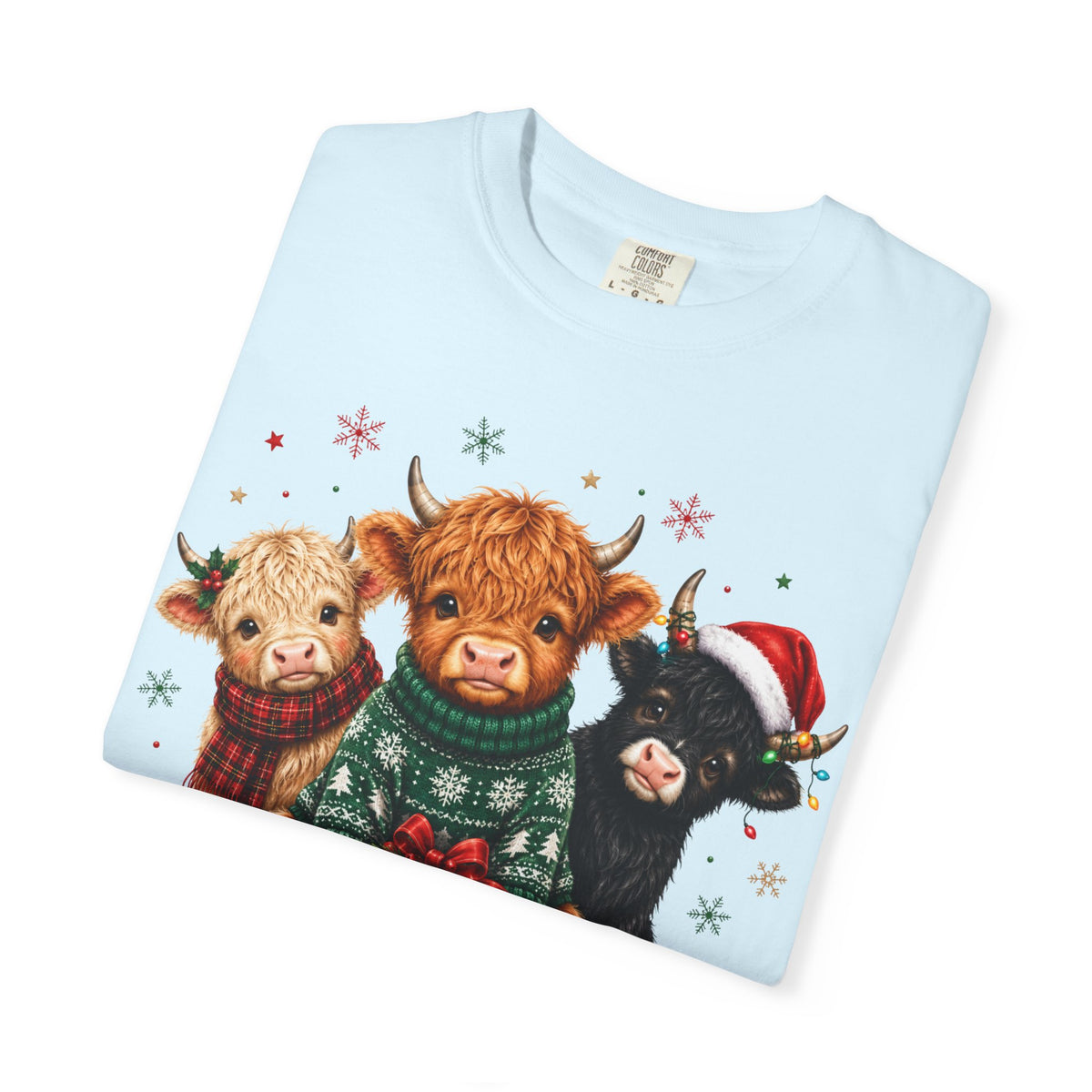Christmas Highland Cattle Trio T-Shirt — Cute Cow Holiday Tee