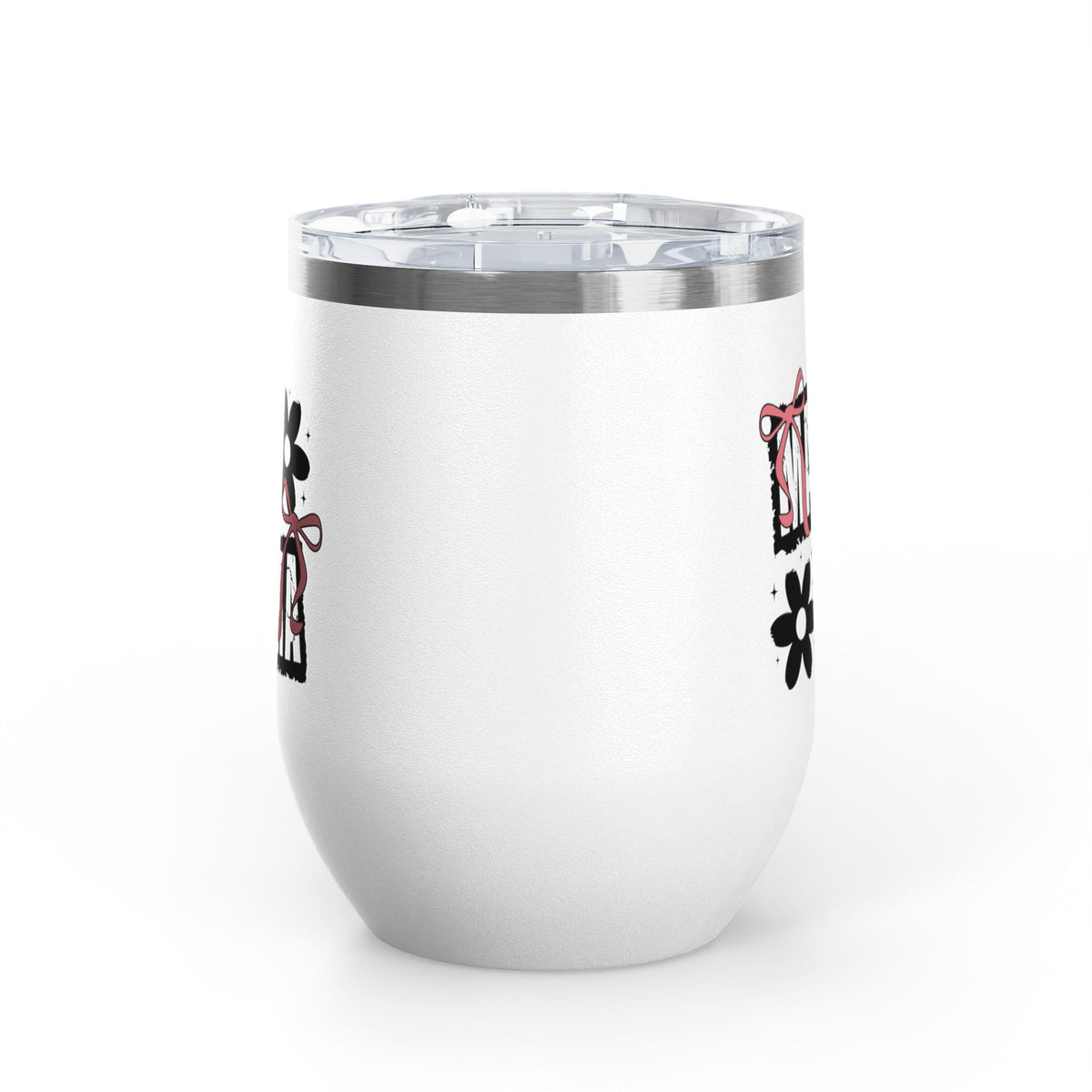 Wine Tumbler — Mom Floral Blocks with Pink Bows, 12 oz Insulated