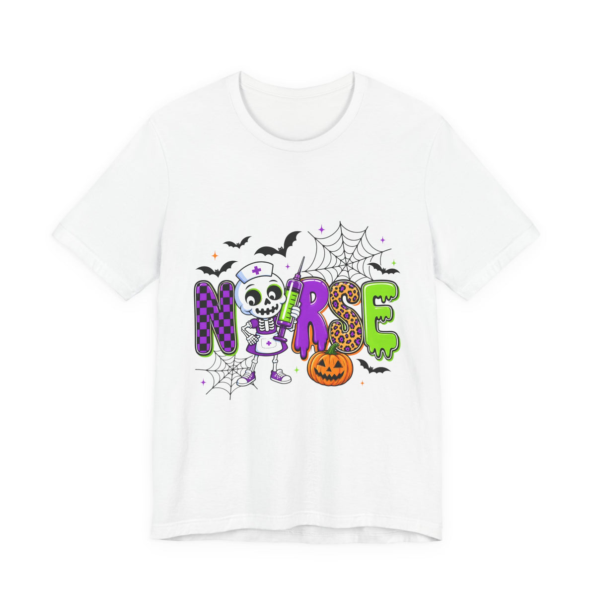 Halloween Nurse T-Shirt — Cute Skeleton, Pumpkin & Spiderweb Nurse Tee