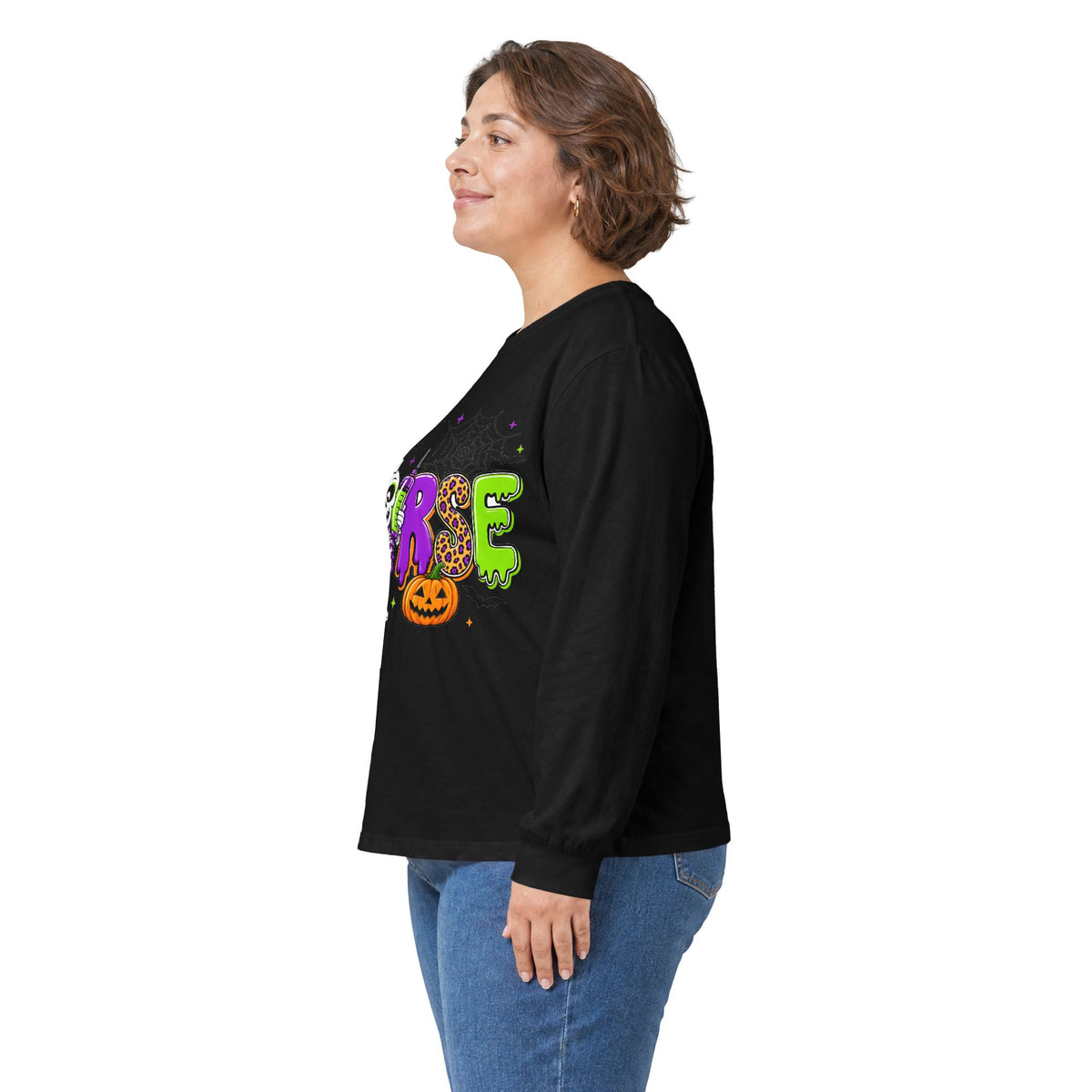 Nurse Halloween Long Sleeve Tee — Cute Spooky Skeleton, Pumpkin & Spiderweb Graphic