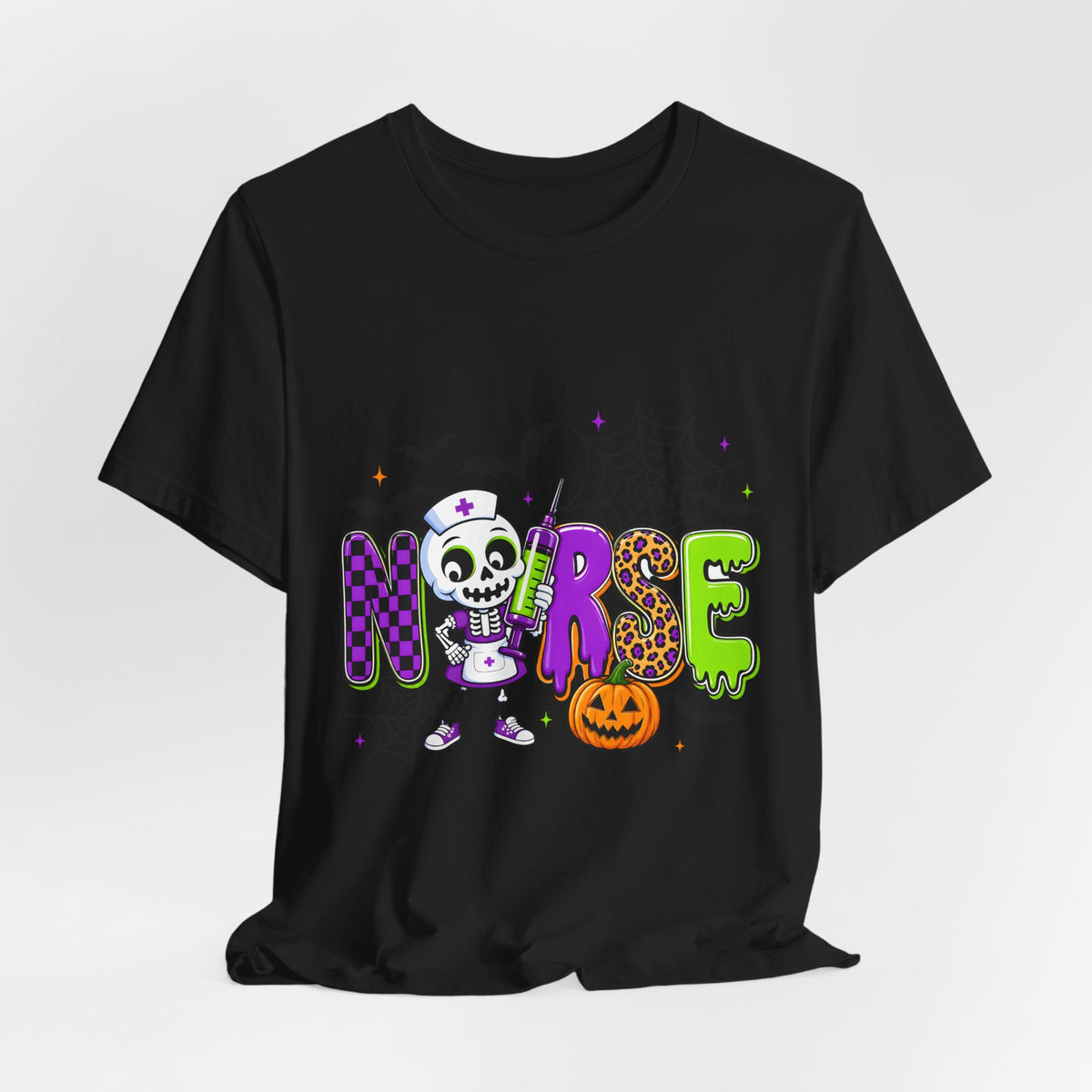 Halloween Nurse T-Shirt — Cute Skeleton, Pumpkin & Spiderweb Nurse Tee