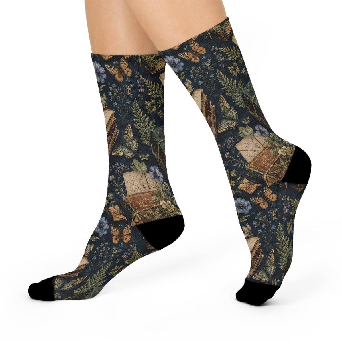 Book Lover Cushioned Crew Socks — Vintage Books & Floral Reading Pattern