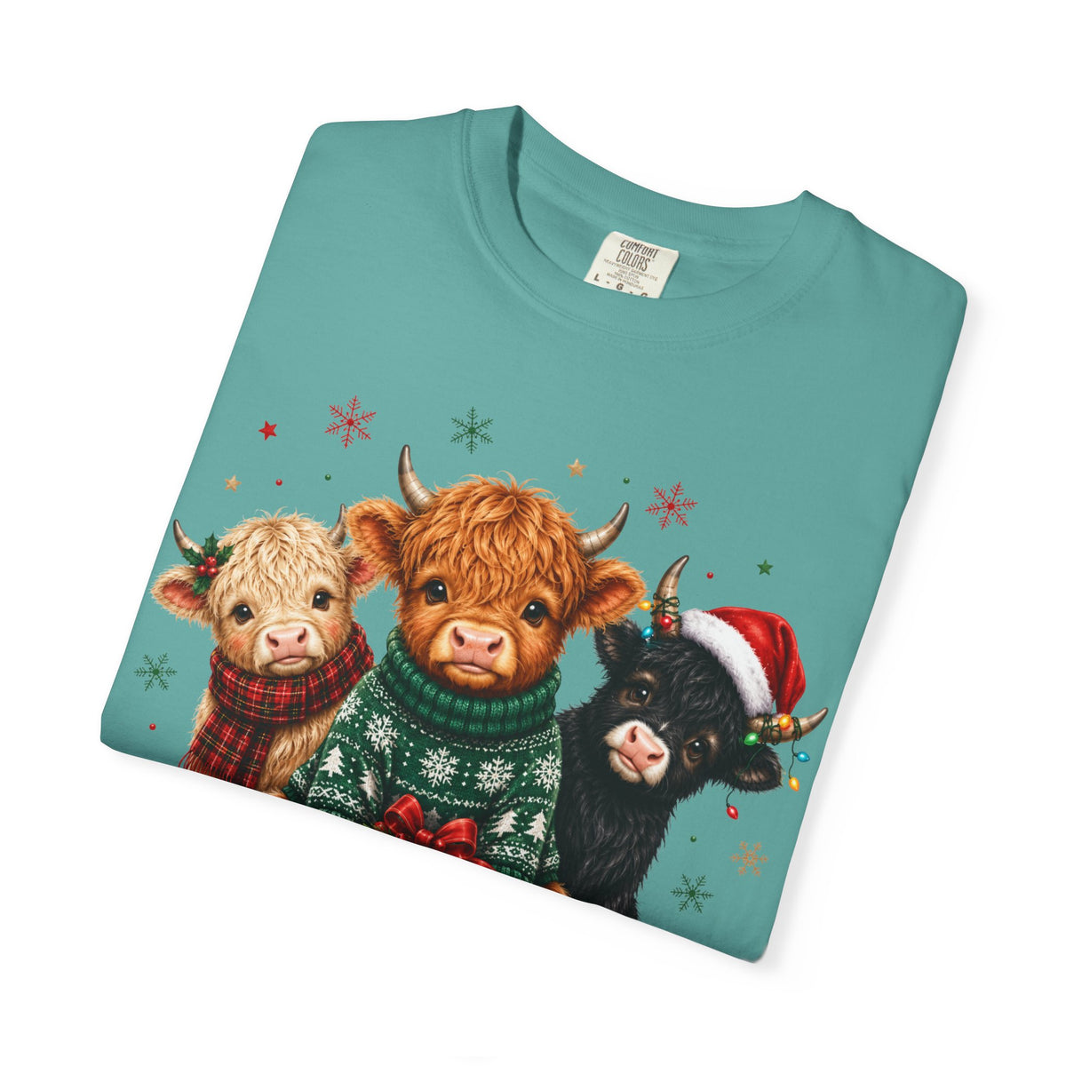 Christmas Highland Cattle Trio T-Shirt — Cute Cow Holiday Tee