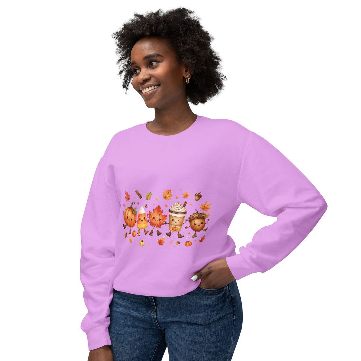 Autumn Friends Crewneck Sweatshirt — Cute Pumpkin, Leaf & Latte Fall Design