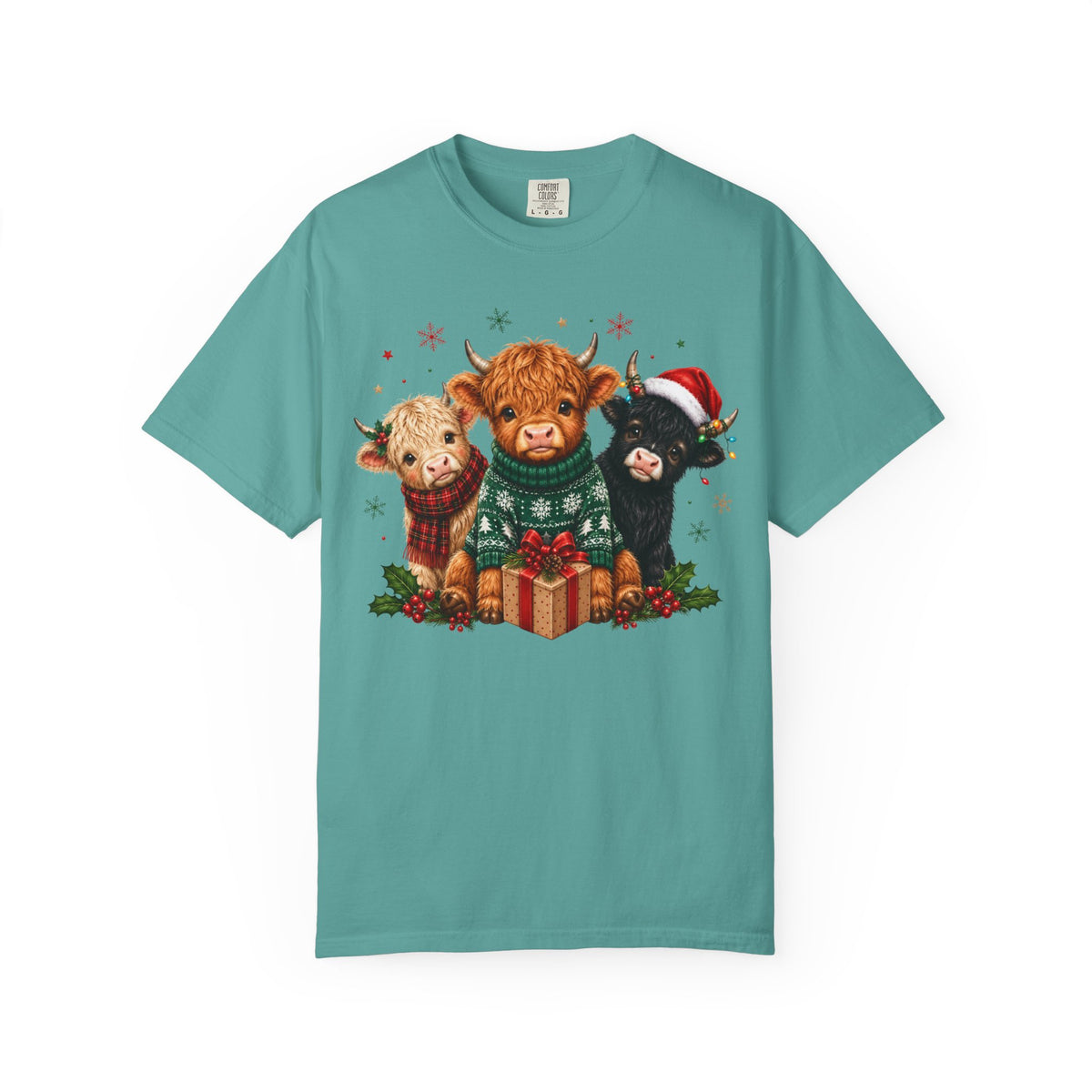 Christmas Highland Cattle Trio T-Shirt — Cute Cow Holiday Tee