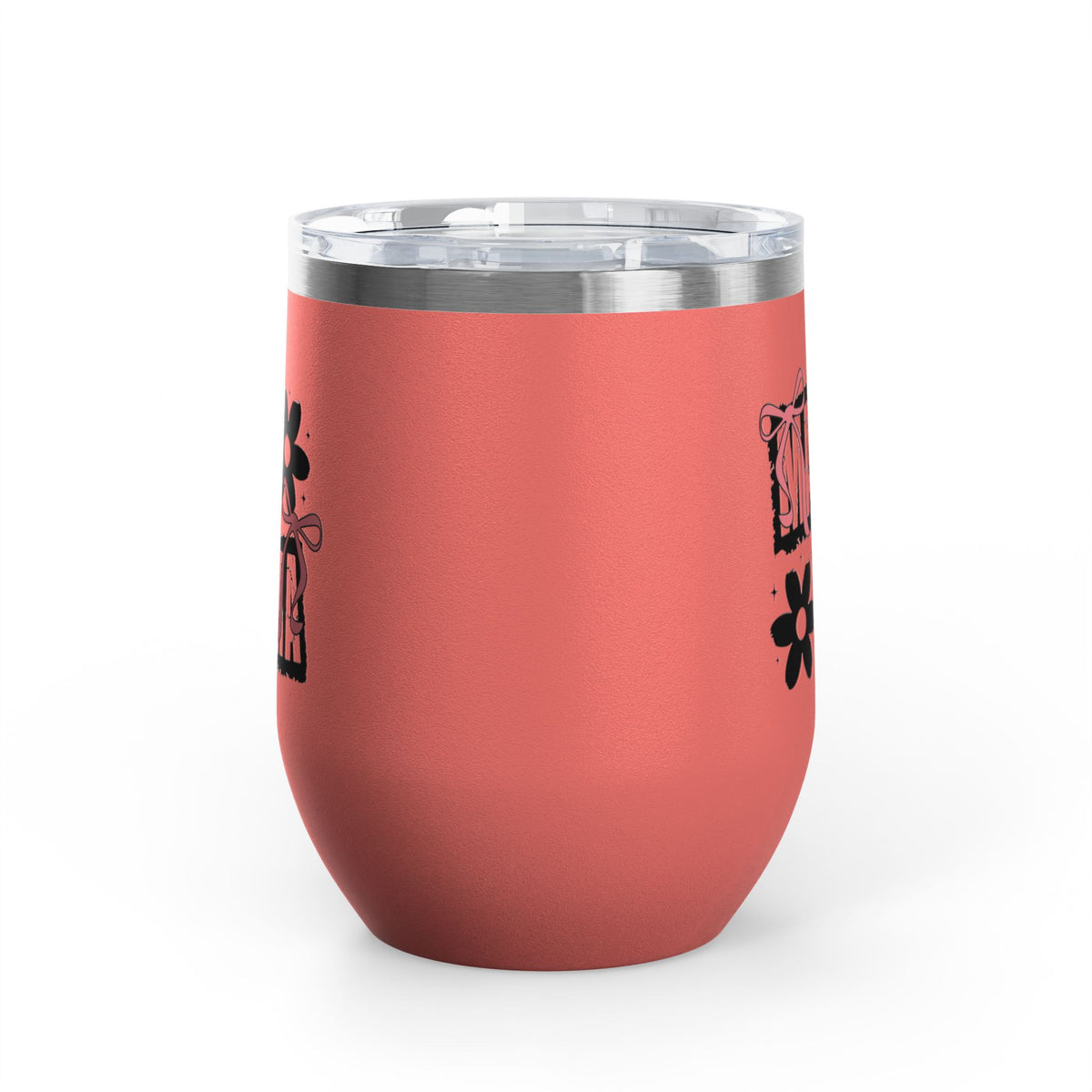 Wine Tumbler — Mom Floral Blocks with Pink Bows, 12 oz Insulated