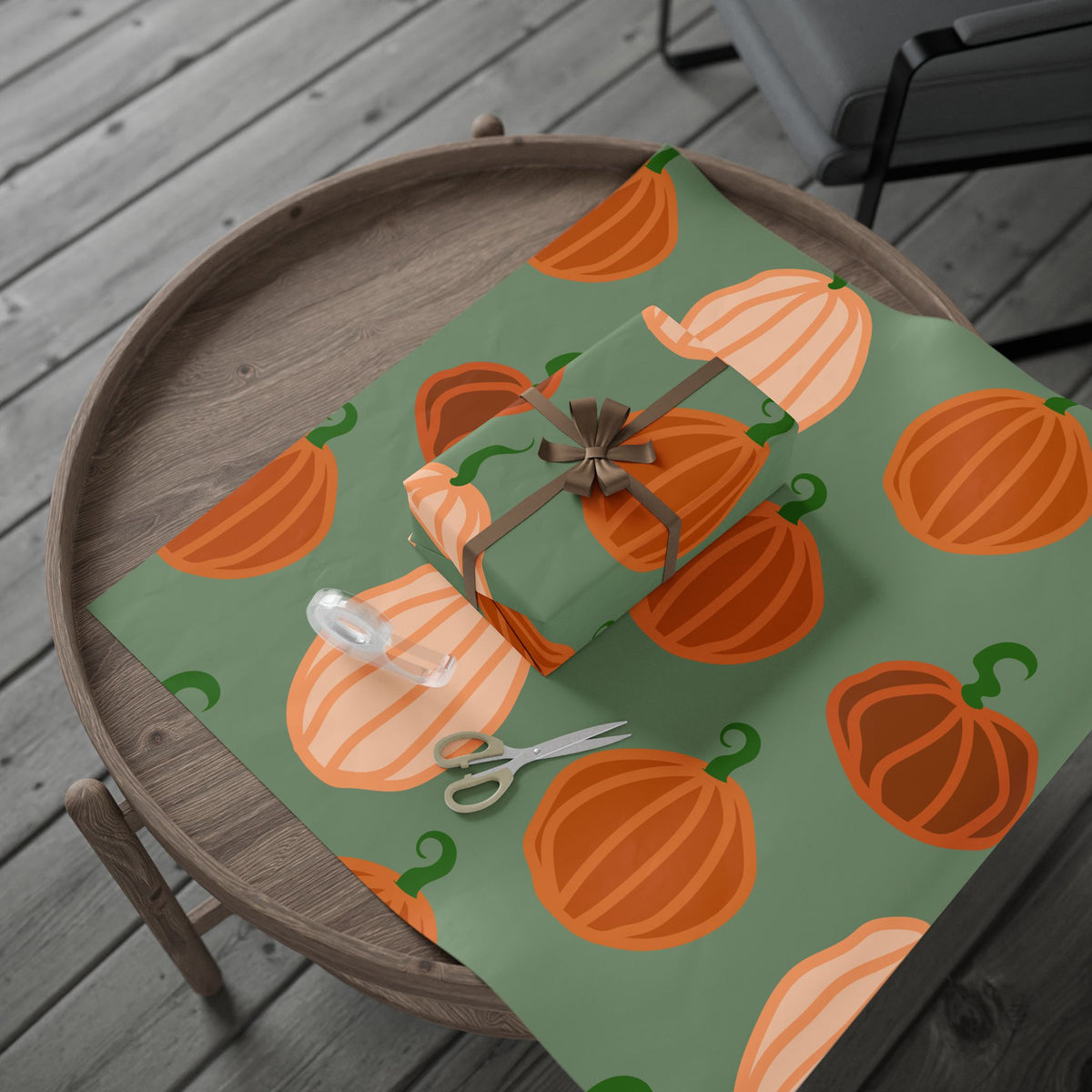 Pumpkin Pattern Wrapping Paper — Autumn Green Gift Wrap for Fall, Halloween & Thanksgiving