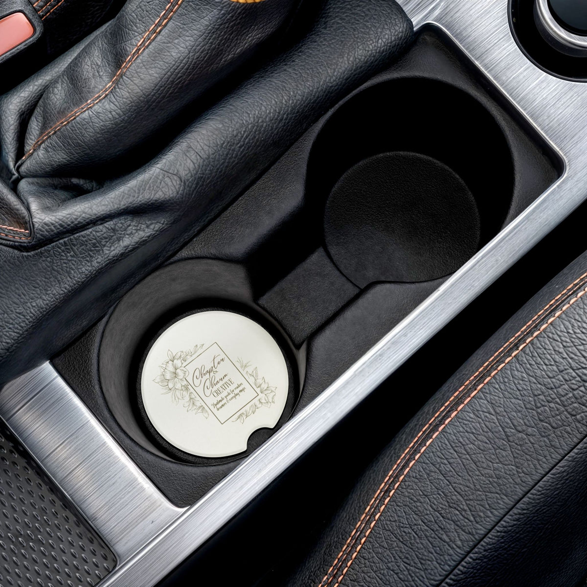 Soapstone Car Coaster — Floral 'Chapter & Charm Creative' Logo Car Cup Holder Insert