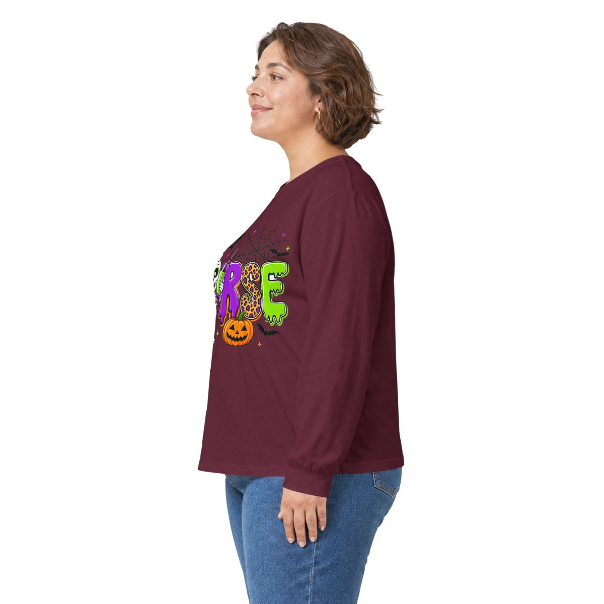 Nurse Halloween Long Sleeve Tee — Cute Spooky Skeleton, Pumpkin & Spiderweb Graphic