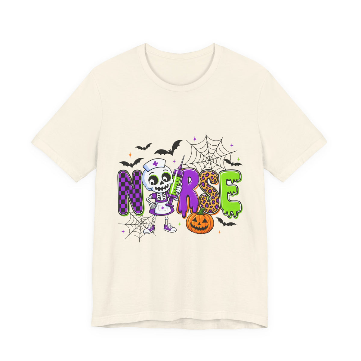 Halloween Nurse T-Shirt — Cute Skeleton, Pumpkin & Spiderweb Nurse Tee