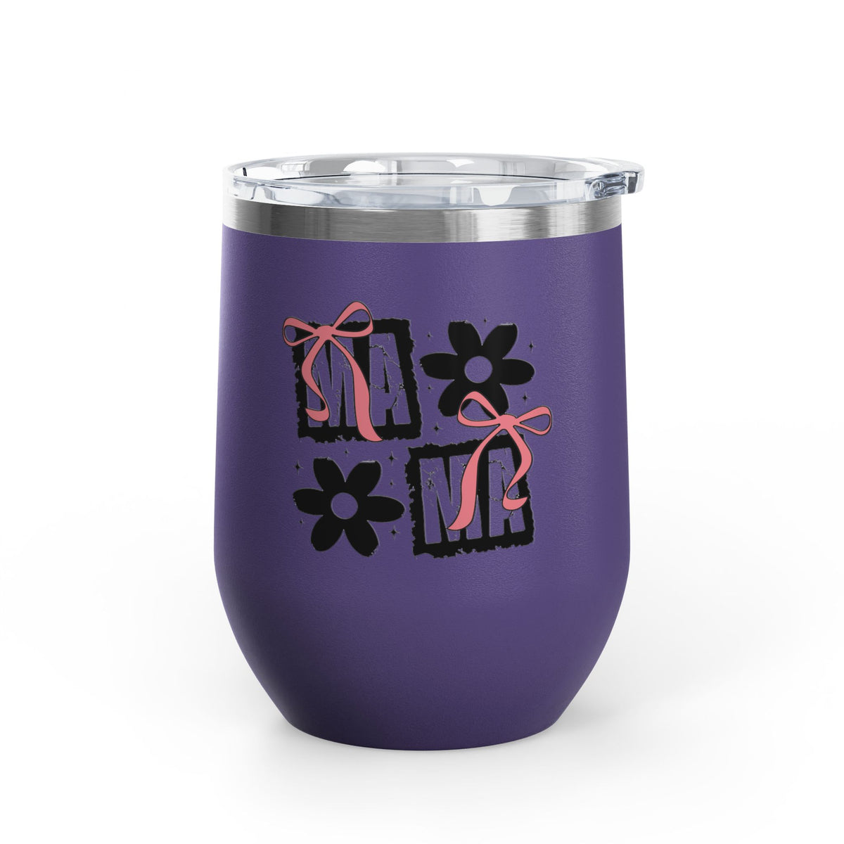 Wine Tumbler — Mom Floral Blocks with Pink Bows, 12 oz Insulated