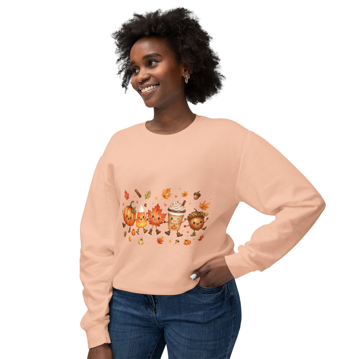 Autumn Friends Crewneck Sweatshirt — Cute Pumpkin, Leaf & Latte Fall Design