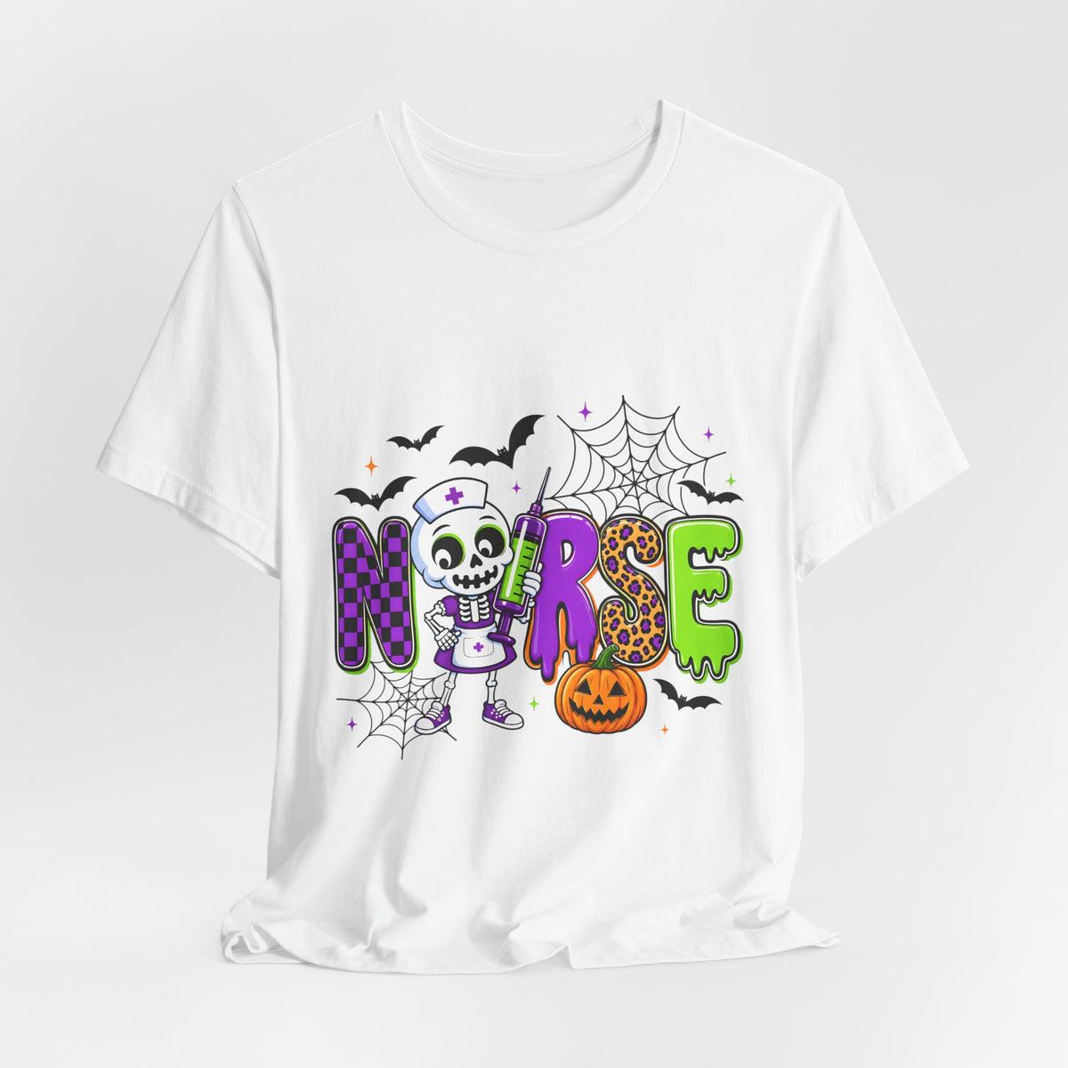 Halloween Nurse T-Shirt — Cute Skeleton, Pumpkin & Spiderweb Nurse Tee
