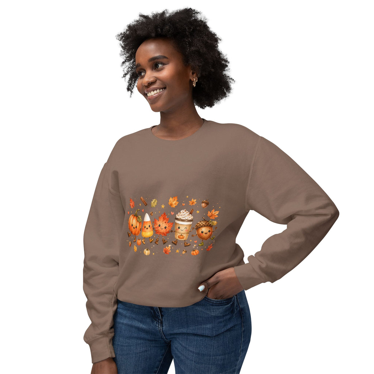 Autumn Friends Crewneck Sweatshirt — Cute Pumpkin, Leaf & Latte Fall Design